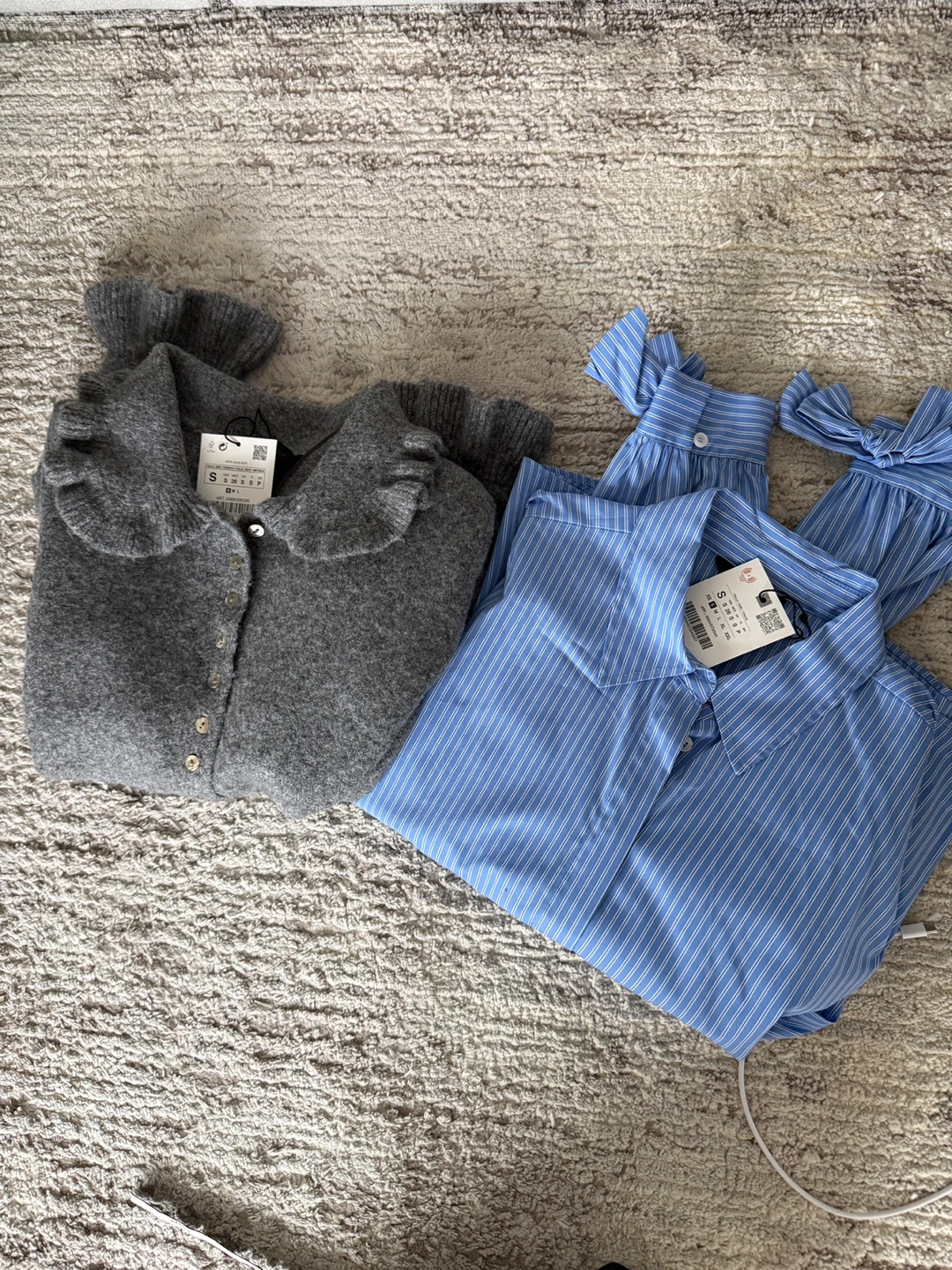 Cute Grey Ruffle Collar Knit Cardigan & Blue Striped Shirt Set