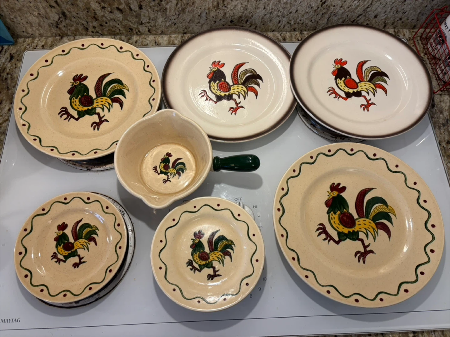 Vintage Rooster Ceramic Plate Set with Serving Bowl