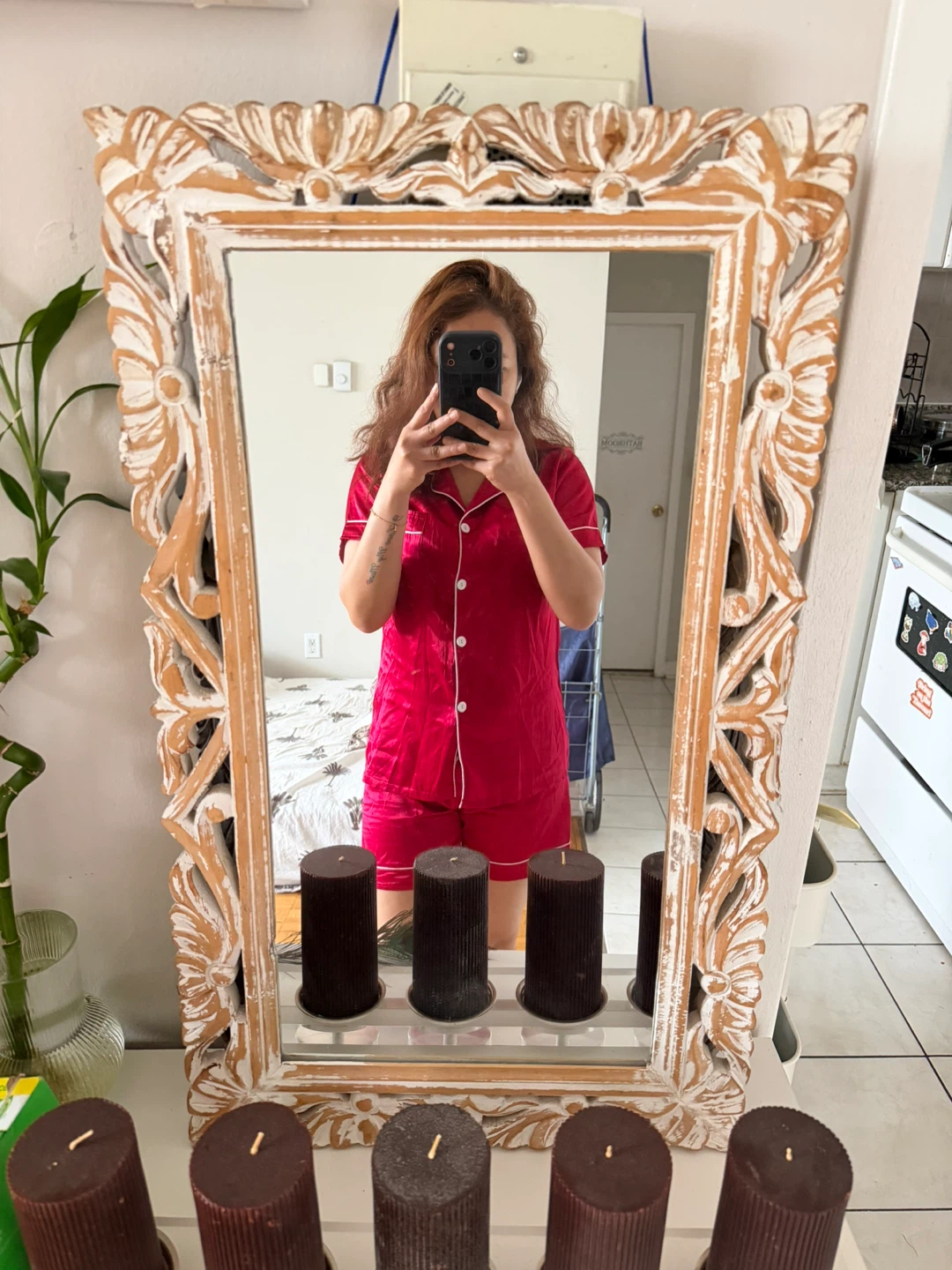 Ornate Carved Wood Mirror - Distressed White Finish