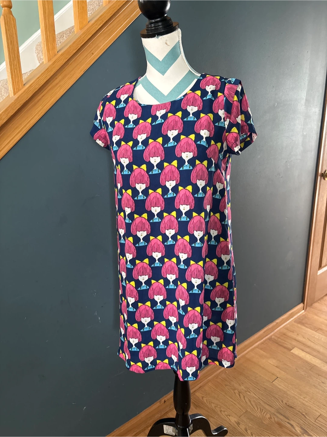 Kling Women's Dress Size 1 Navy Doll Print Short Sleeve