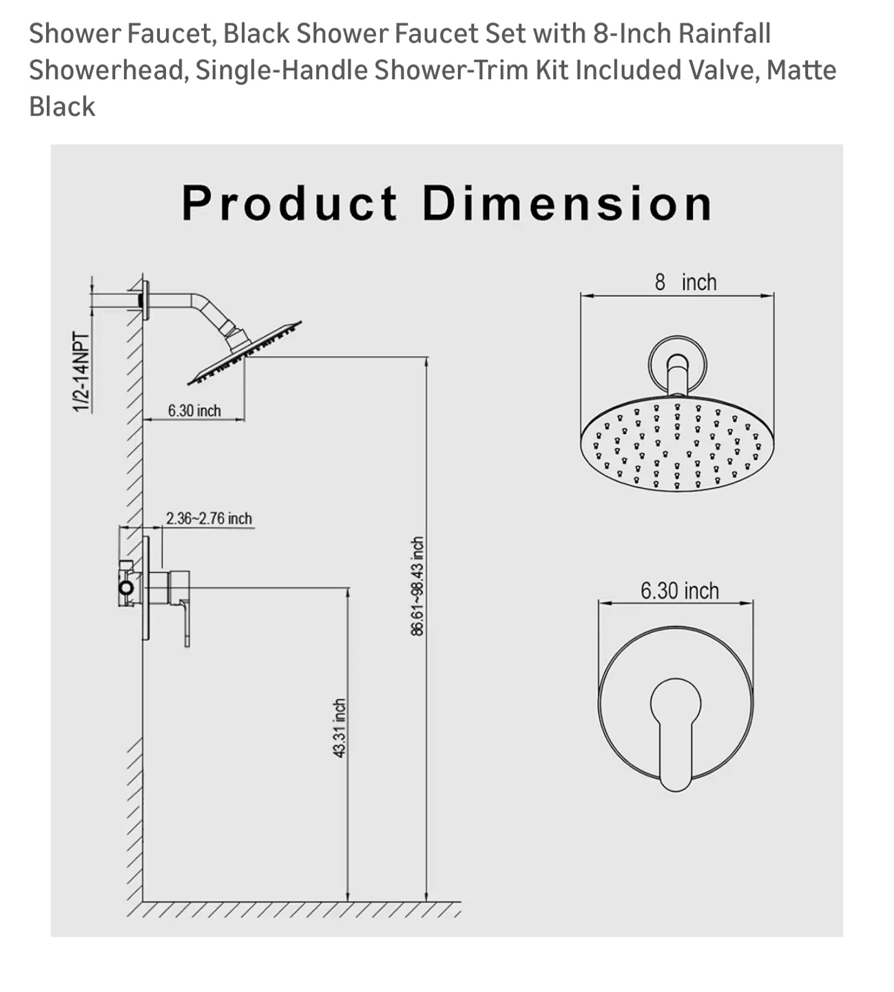 Rainfall Showerhead 8 inch Matte Black - photo 3
