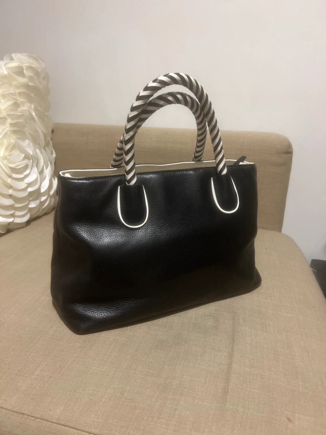 Kate Spade Black Leather Tote Bag with Striped Handles - photo 2