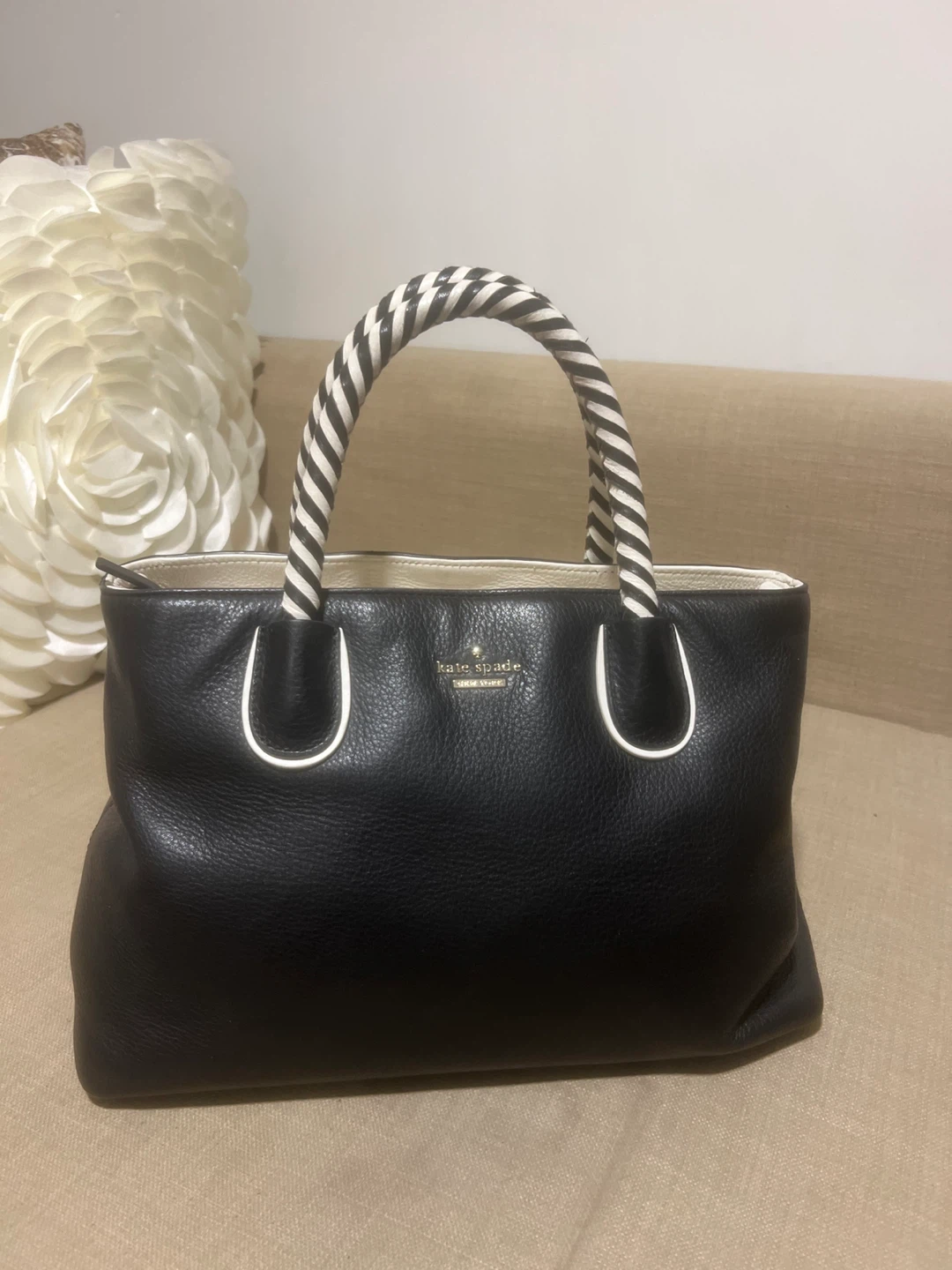 Kate Spade Black Leather Tote Bag with Striped Handles