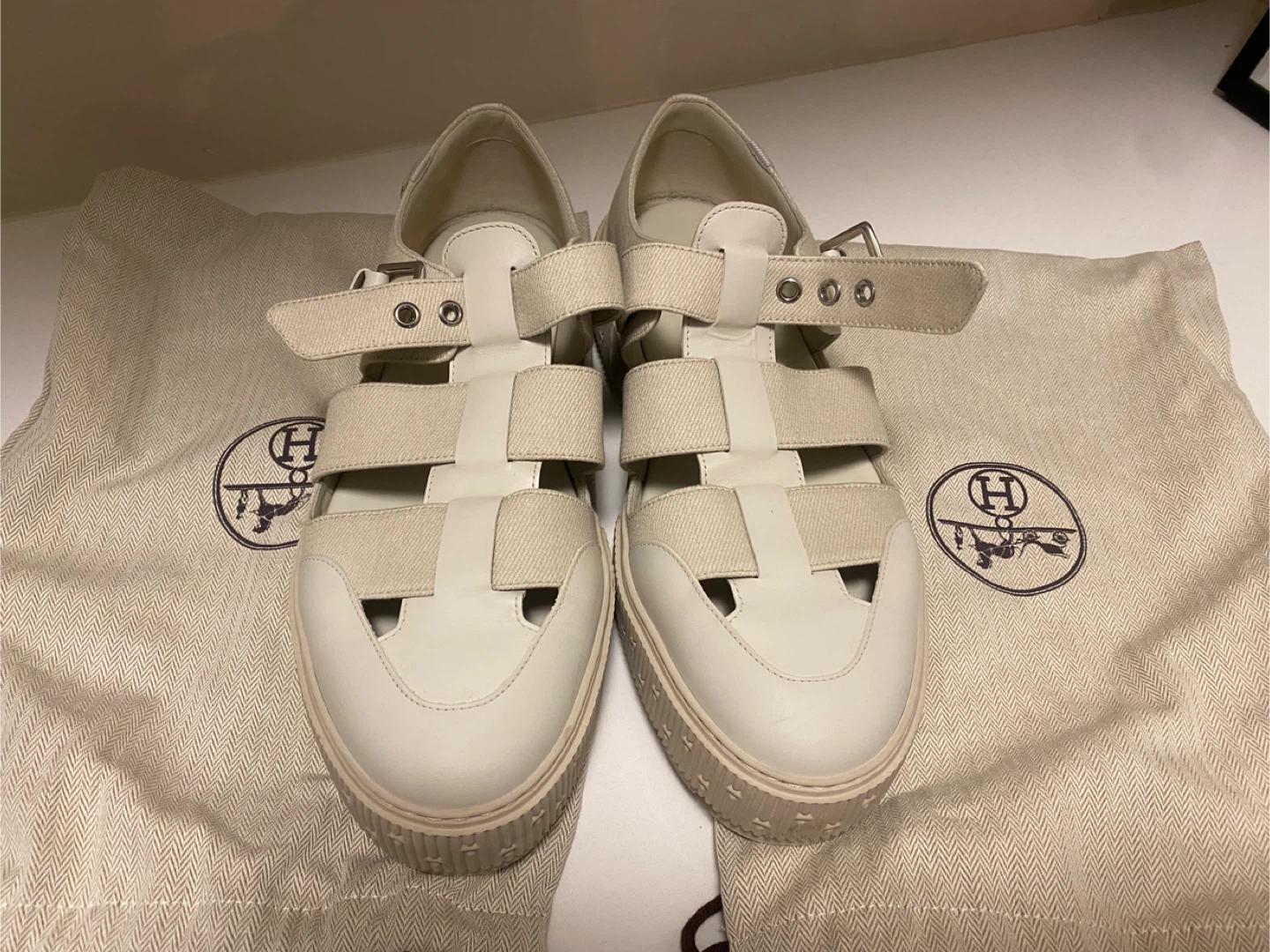 Hermès Paris White Canvas & Leather Gladiator Sandals Size 44