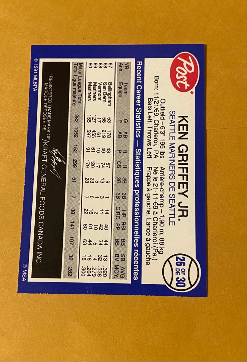 Ken Griffey Jr. 1991 Post Cereal Baseball Card - photo 2