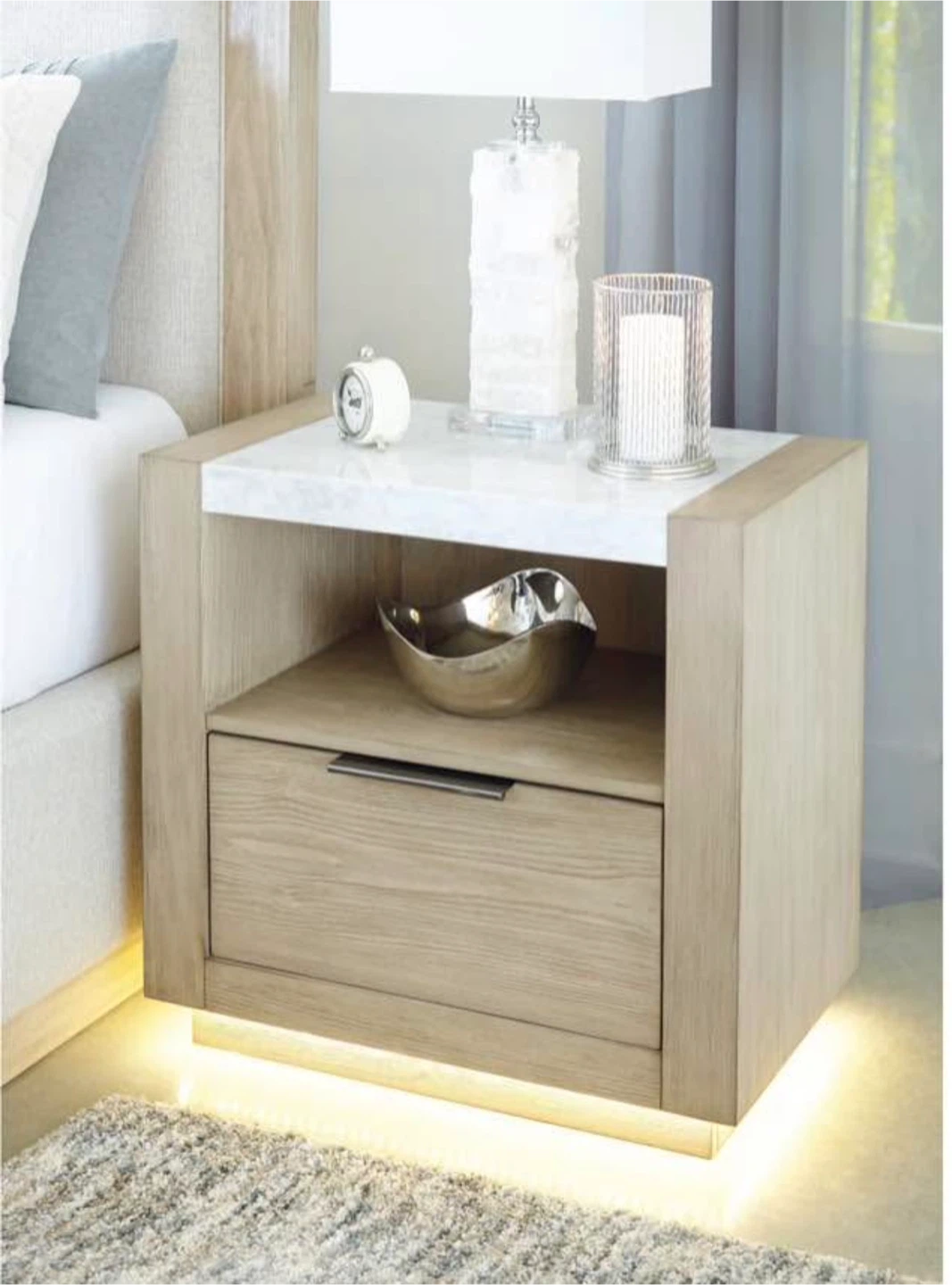 Wooden Nightstand with White Marble Top and LED Lighting - photo 2