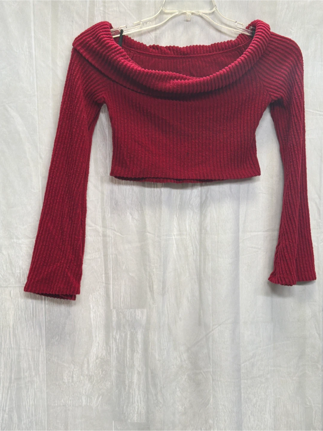 Red Off-the-Shoulder Ribbed Crop Sweater