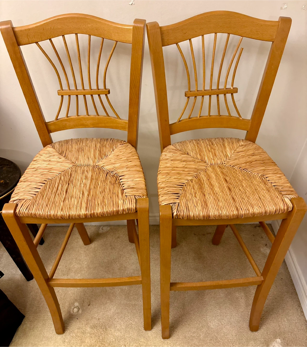 Pair of Wooden Bar Stools with Woven Seats