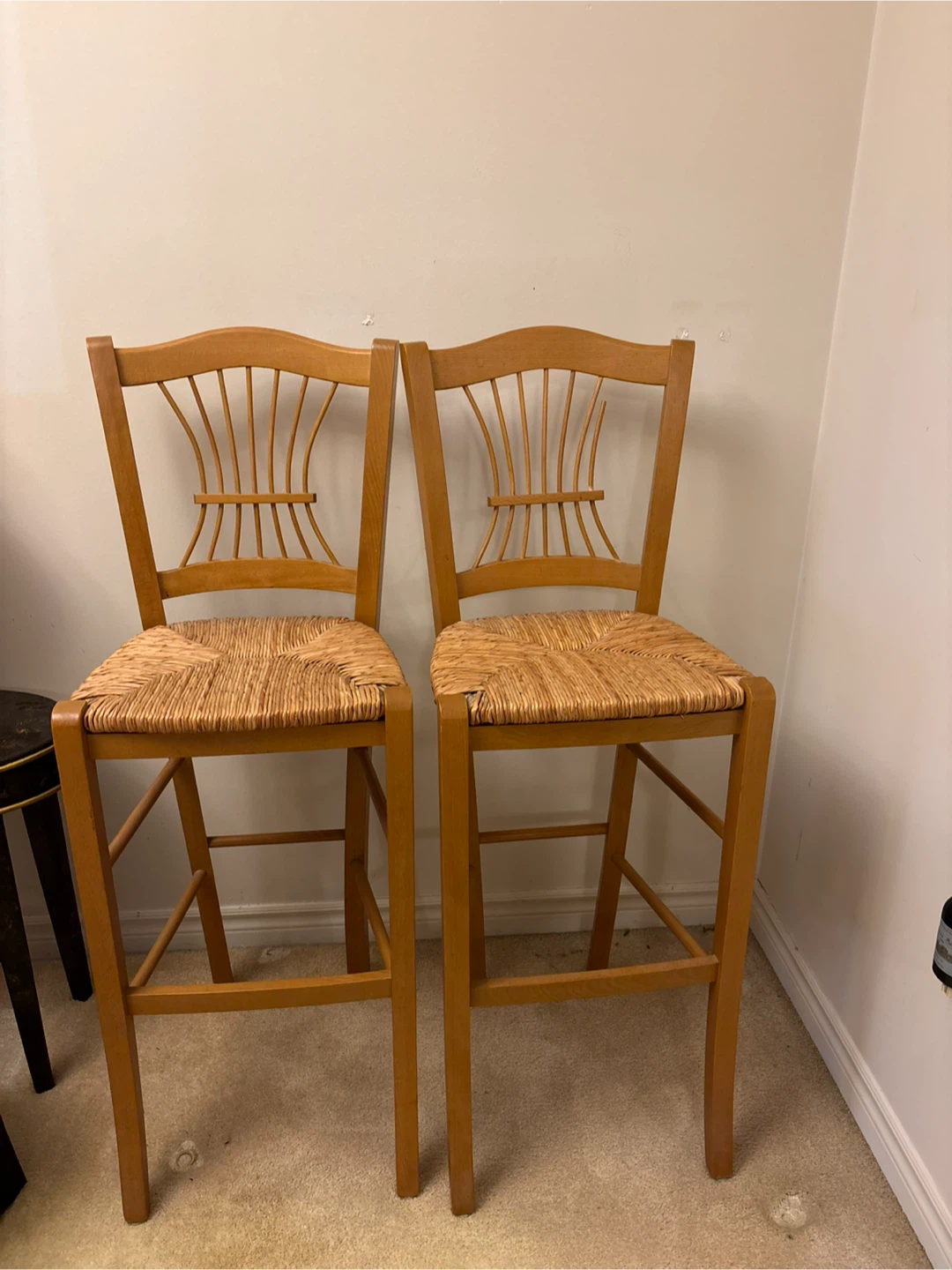 Pair of Wooden Bar Stools with Woven Seats - photo 2