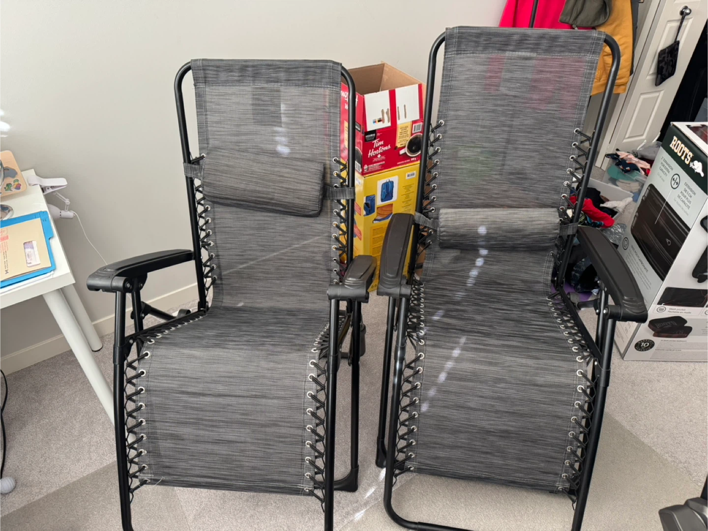 2 Grey Zero Gravity Chairs with Headrests-Slightly Used