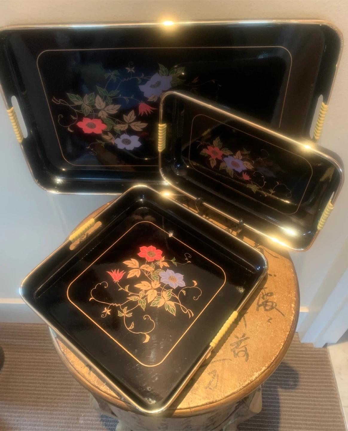 Vintage Black Lacquer Floral Serving Trays 3 PC Set
