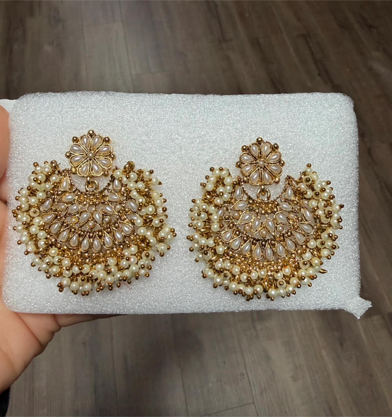 Gold Toned Earrings with White Beads