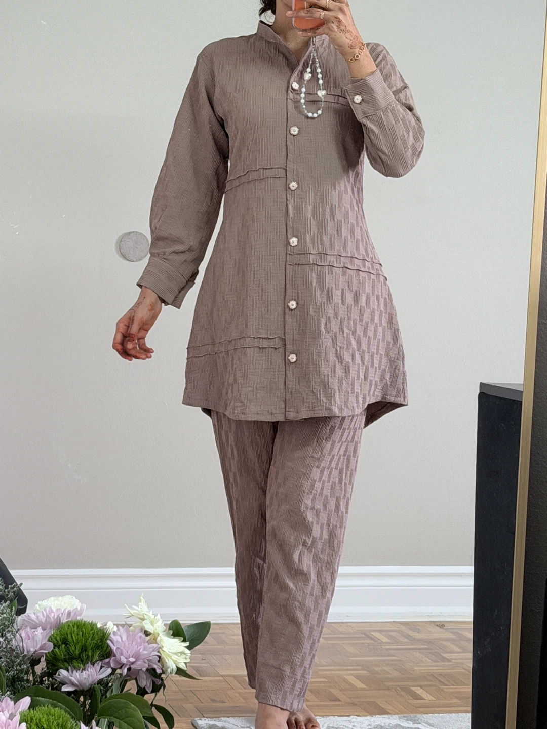 Two-Piece Textured Tunic and Pants Set - Taupe