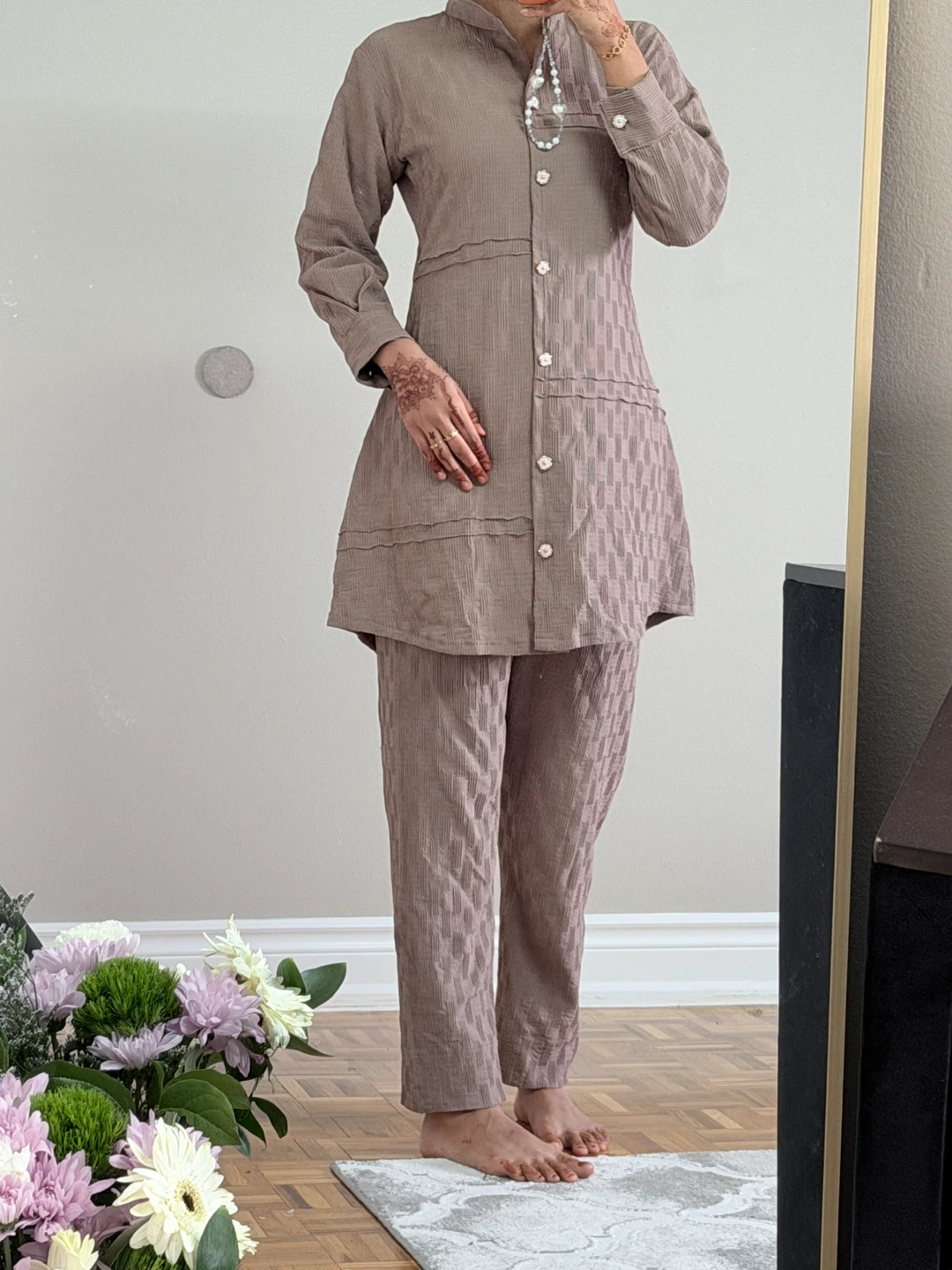 Two-Piece Textured Tunic and Pants Set - Taupe - photo 2