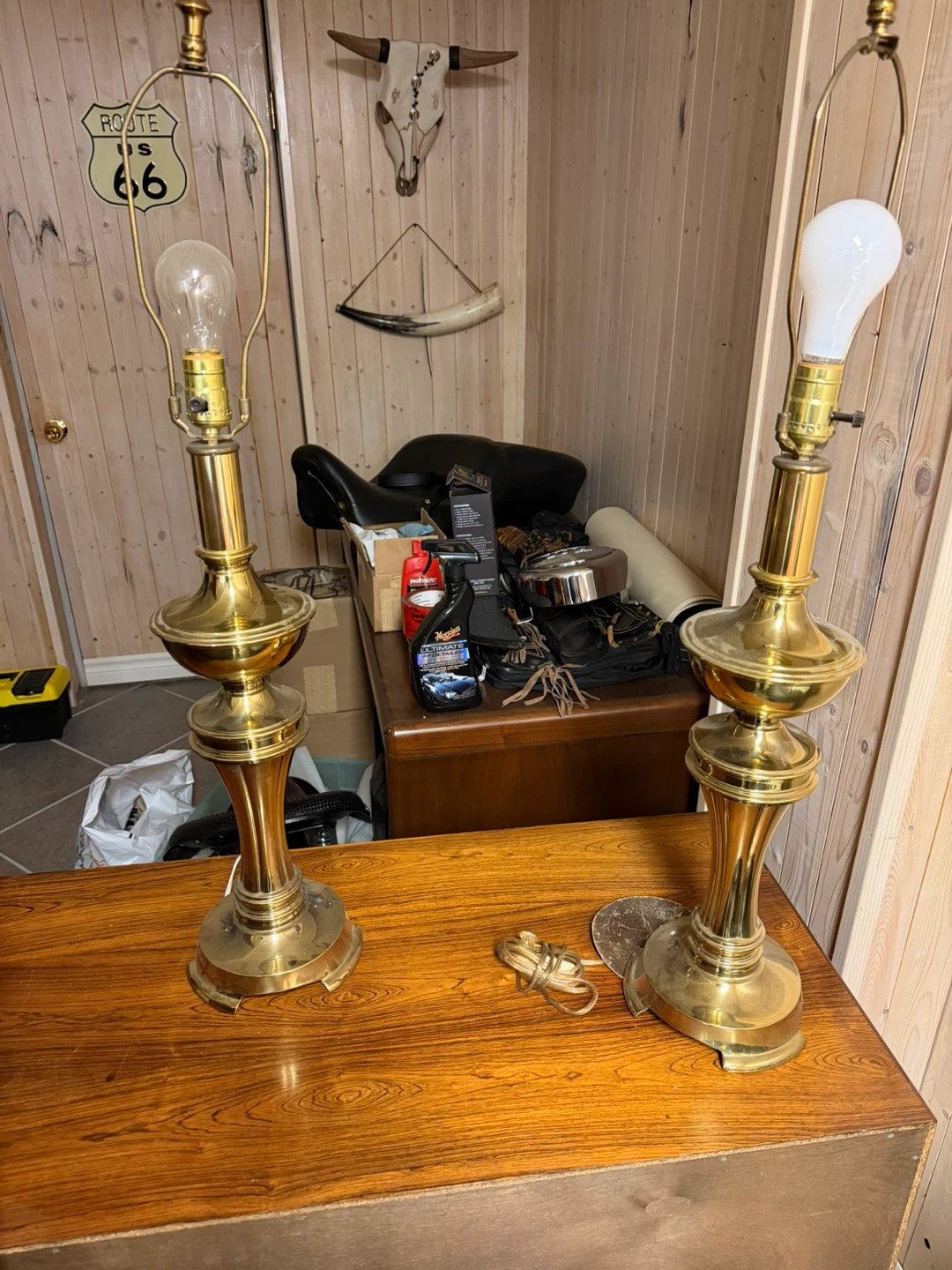 Pair of Vintage Brass Table Lamps with Cream Pleated Shades