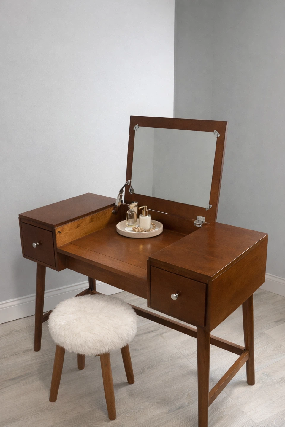 Brown Wooden Vanity Desk with Mirror and Stool
