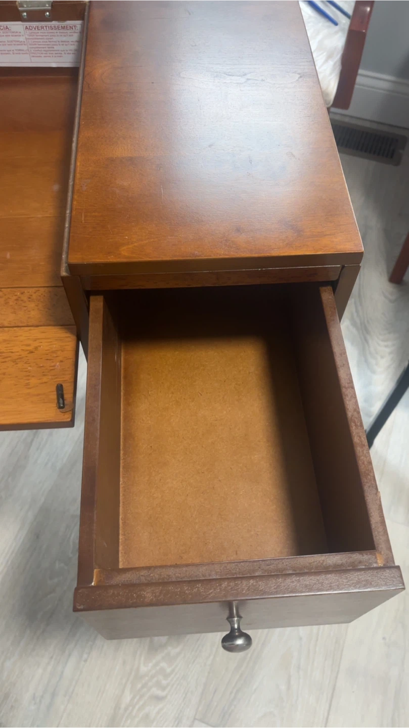 Brown Wooden Vanity Desk with Mirror and Stool - photo 4