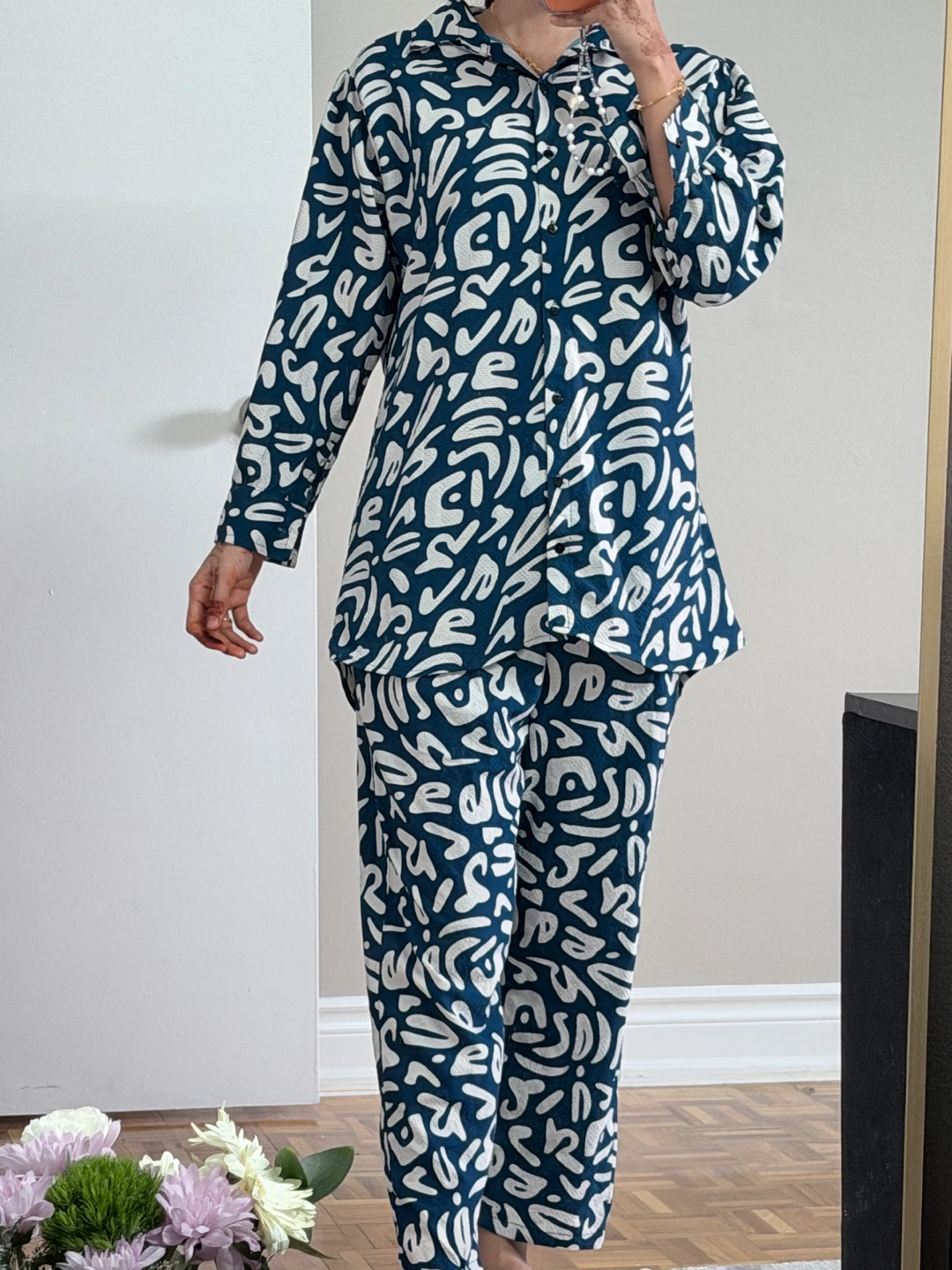 Blue and White Patterned cord Set