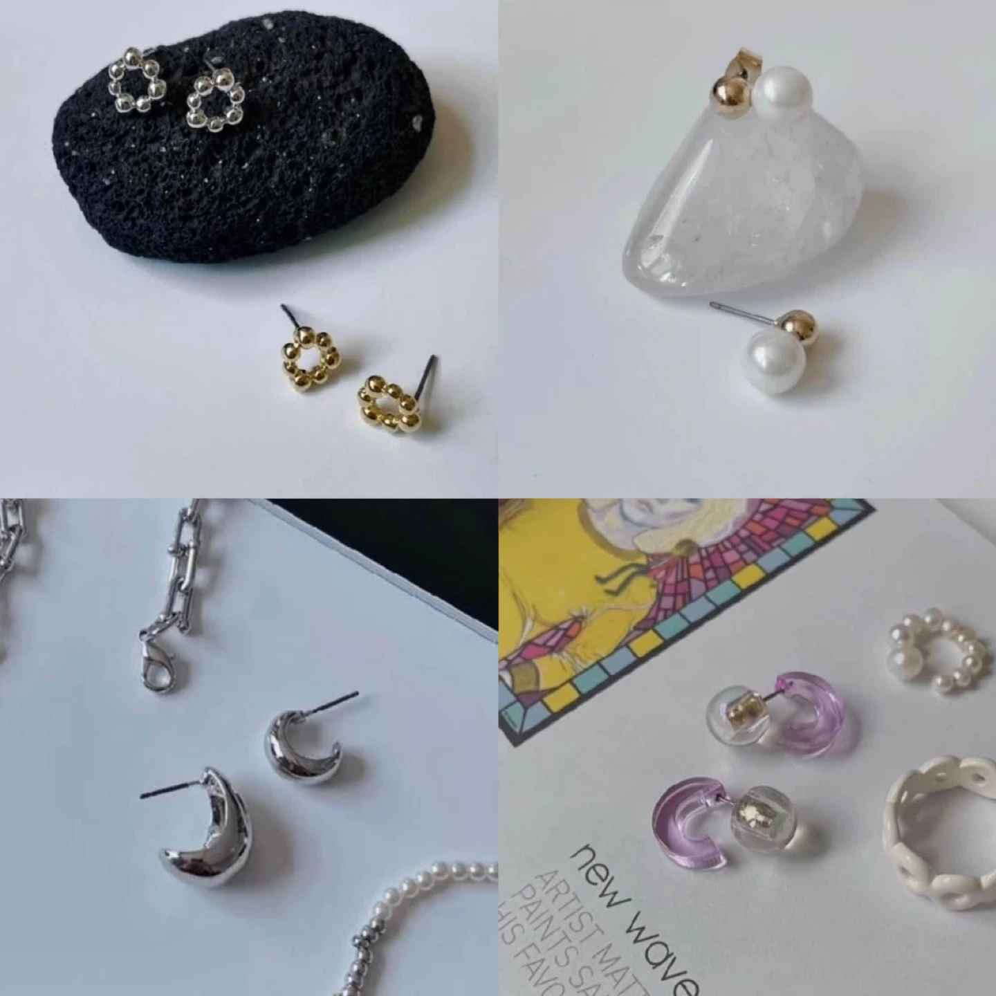 (NEW)Set of 5 Assorted Earrings - Gold, Silver, Pearl & Acrylic