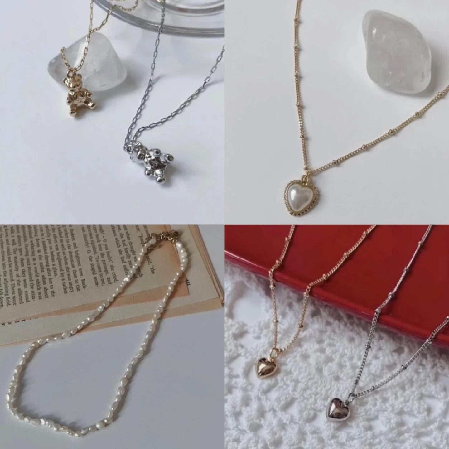 (NEW)Set of 6 Teddy Bear, Heart and Pearl Necklaces