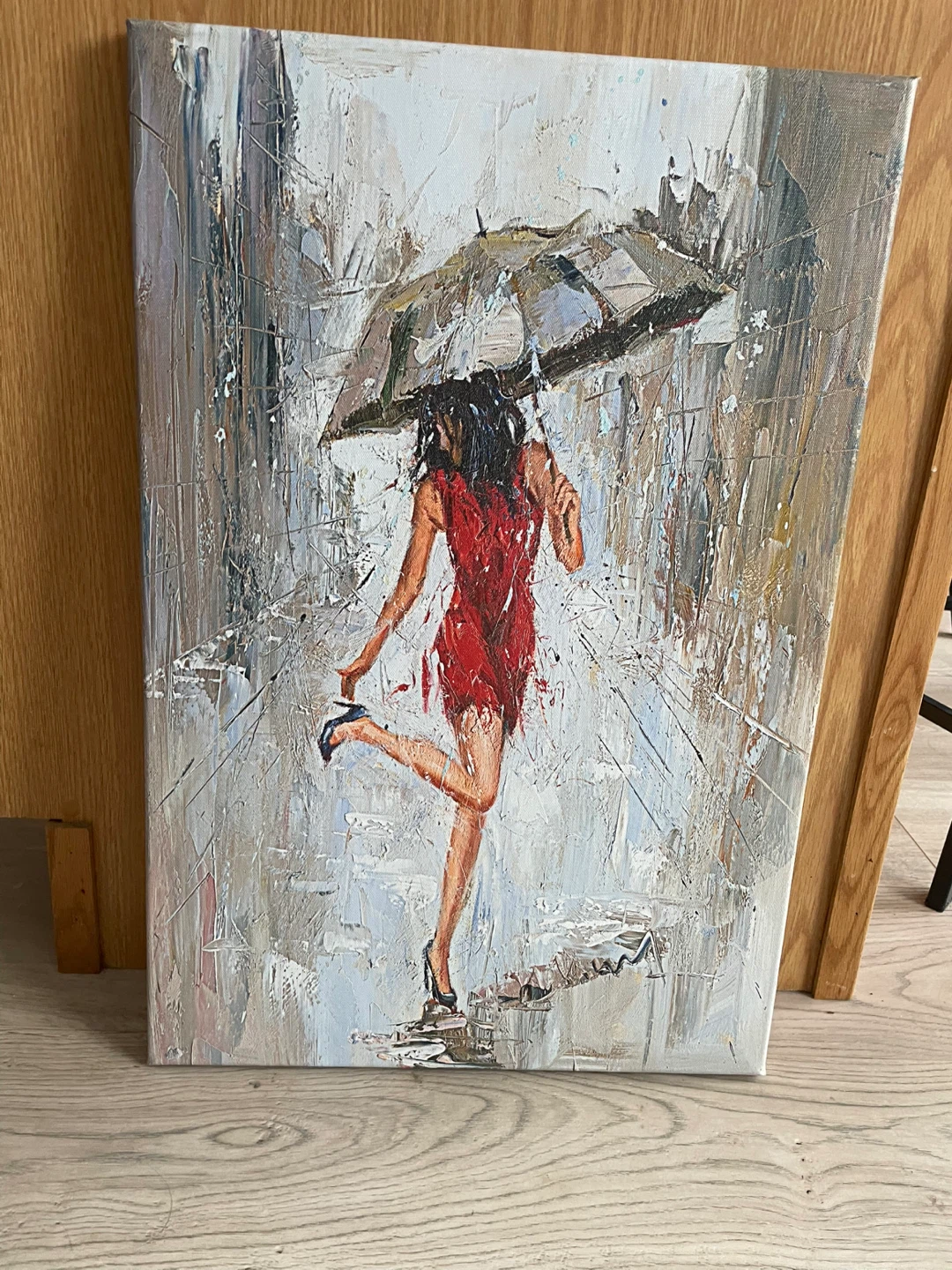 Impressionist Painting of Woman in Red Dress with Umbrella