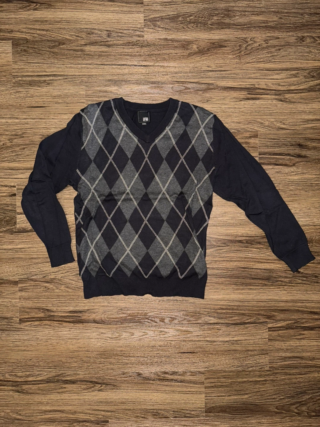 Jack & Jones Argyle V-Neck Sweater - Navy/Grey - Size 175/96A