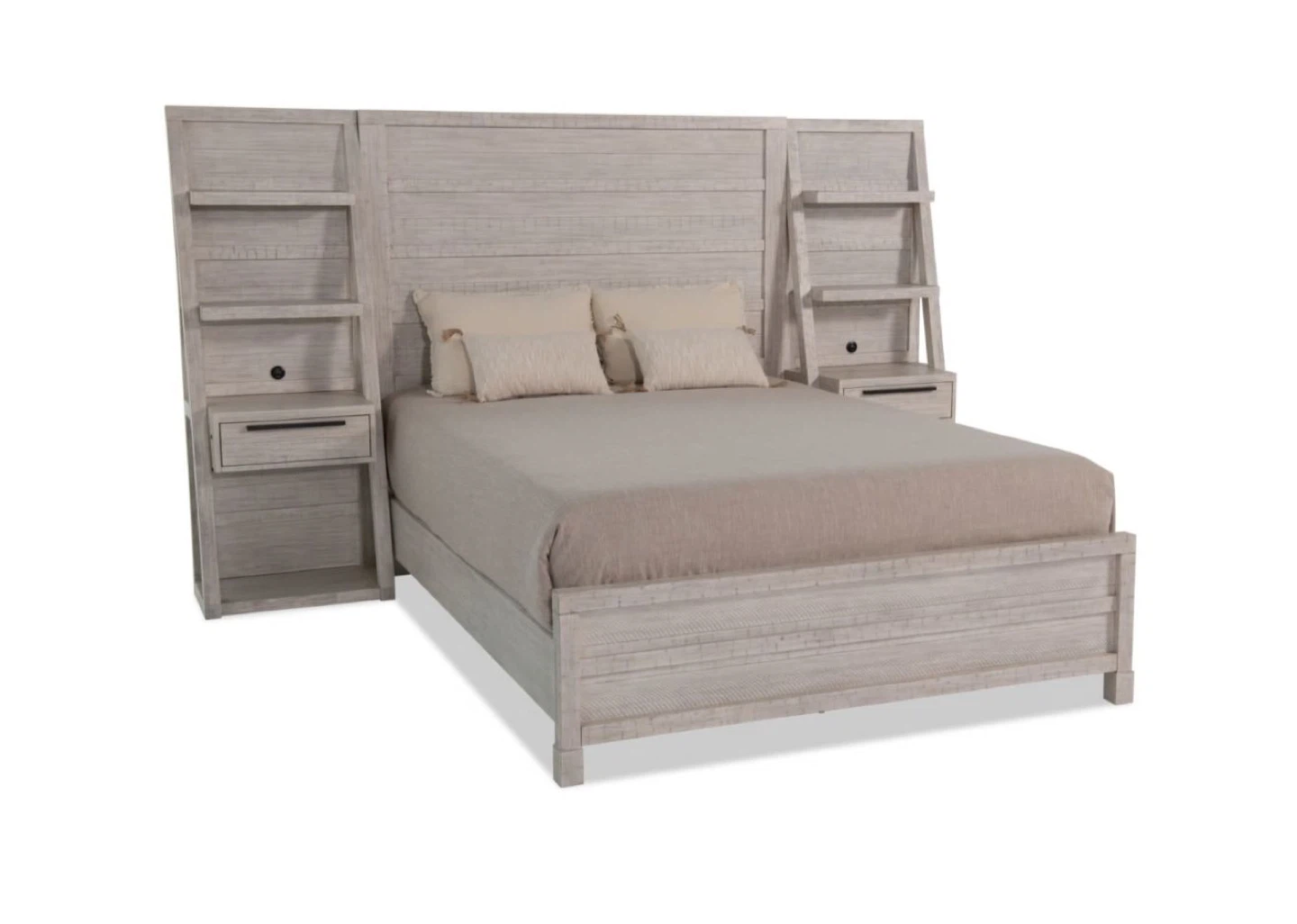 White Wash Wood Bed Frame with Built-in Shelving and Nightstands