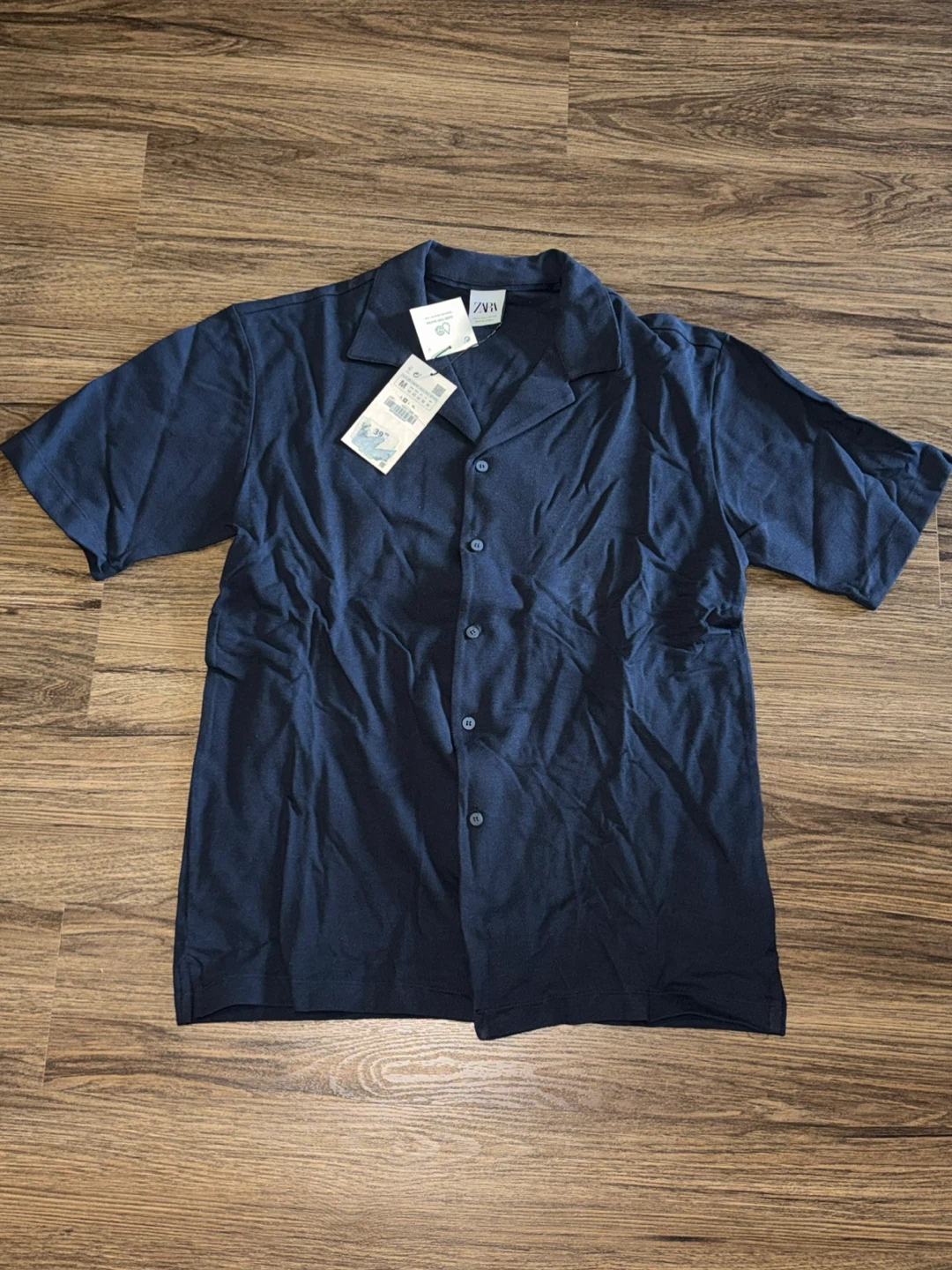 Zara Men's Navy Blue Short Sleeve Button-Up Shirt - Size M