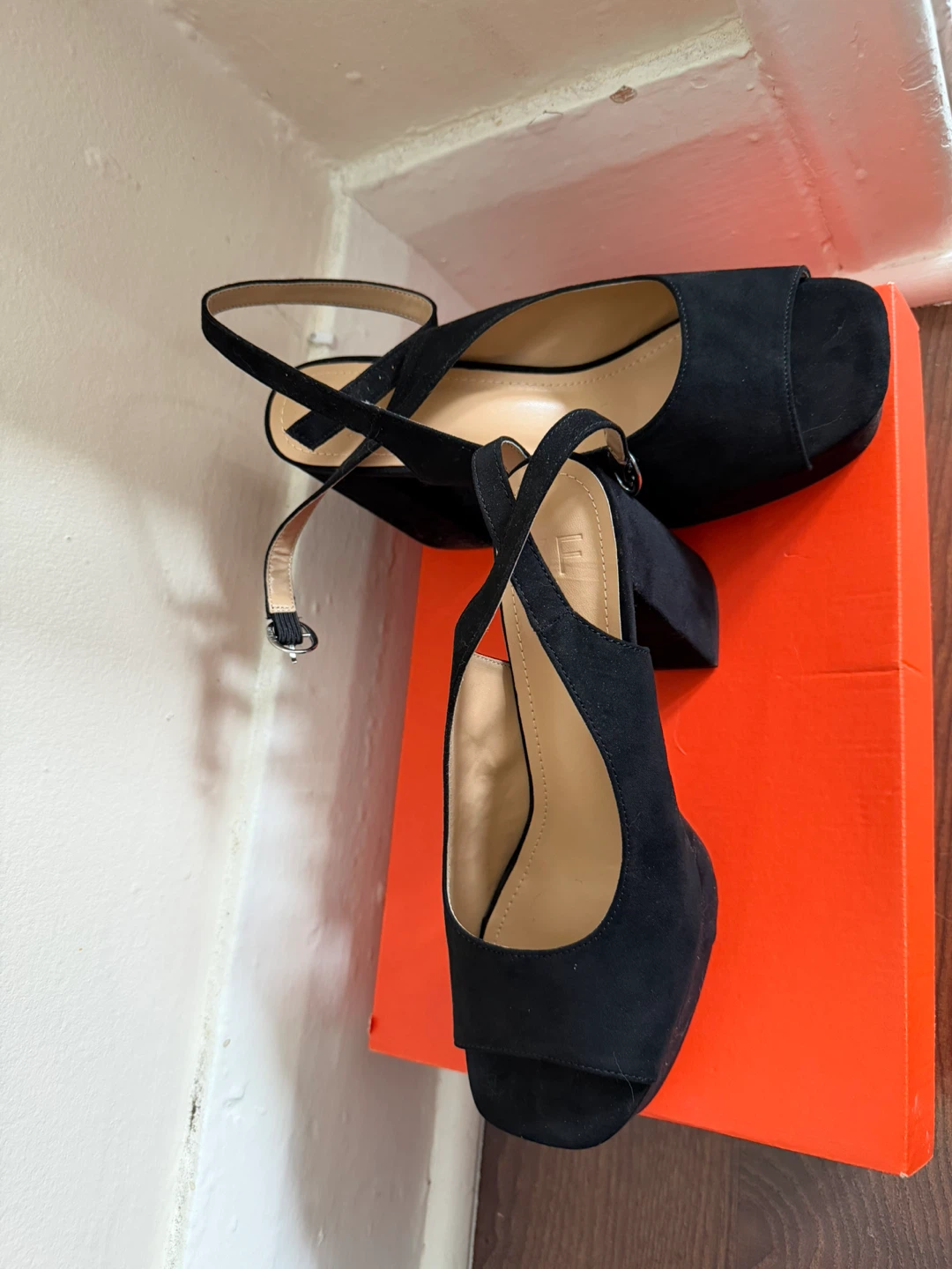 NEW Black Suede Platform Heels with Ankle Strap