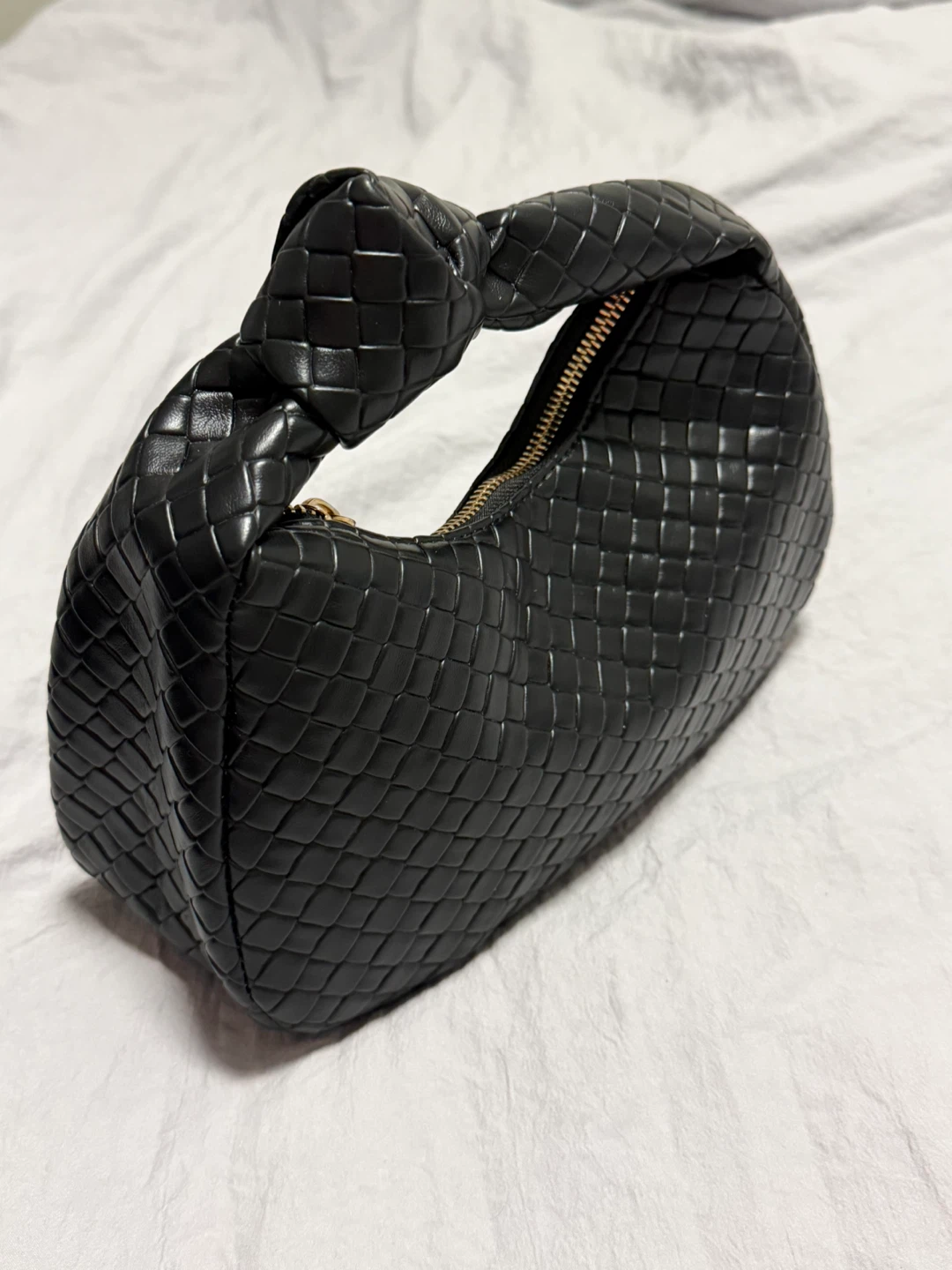 Black Woven Knot Handle Handbag