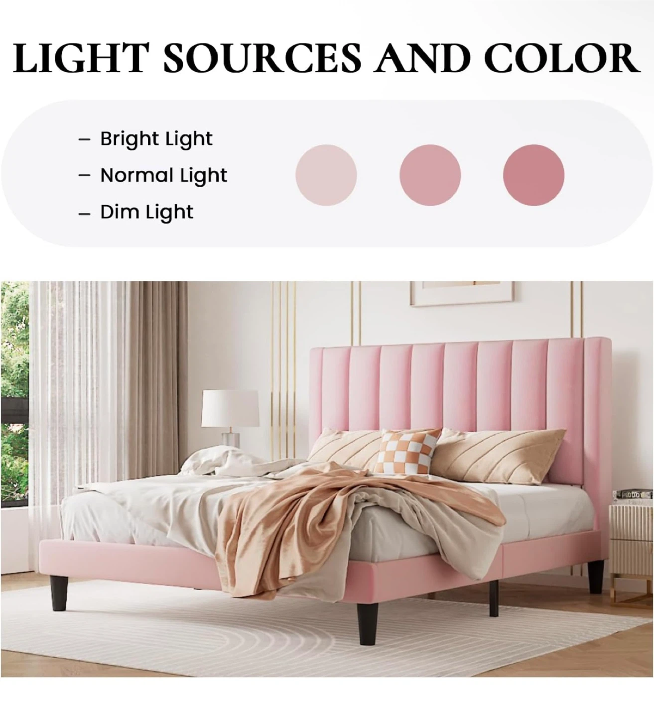 Pink Velvet Platform Bed Frame with Extra Wide Backrest - photo 3