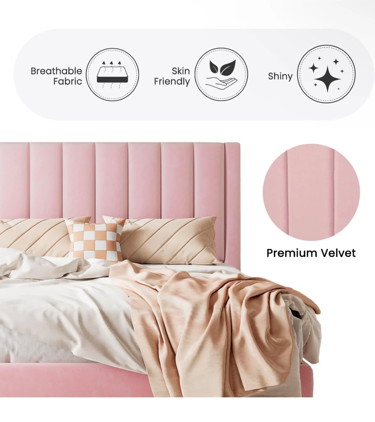 Pink Velvet Platform Bed Frame with Extra Wide Backrest - photo 2