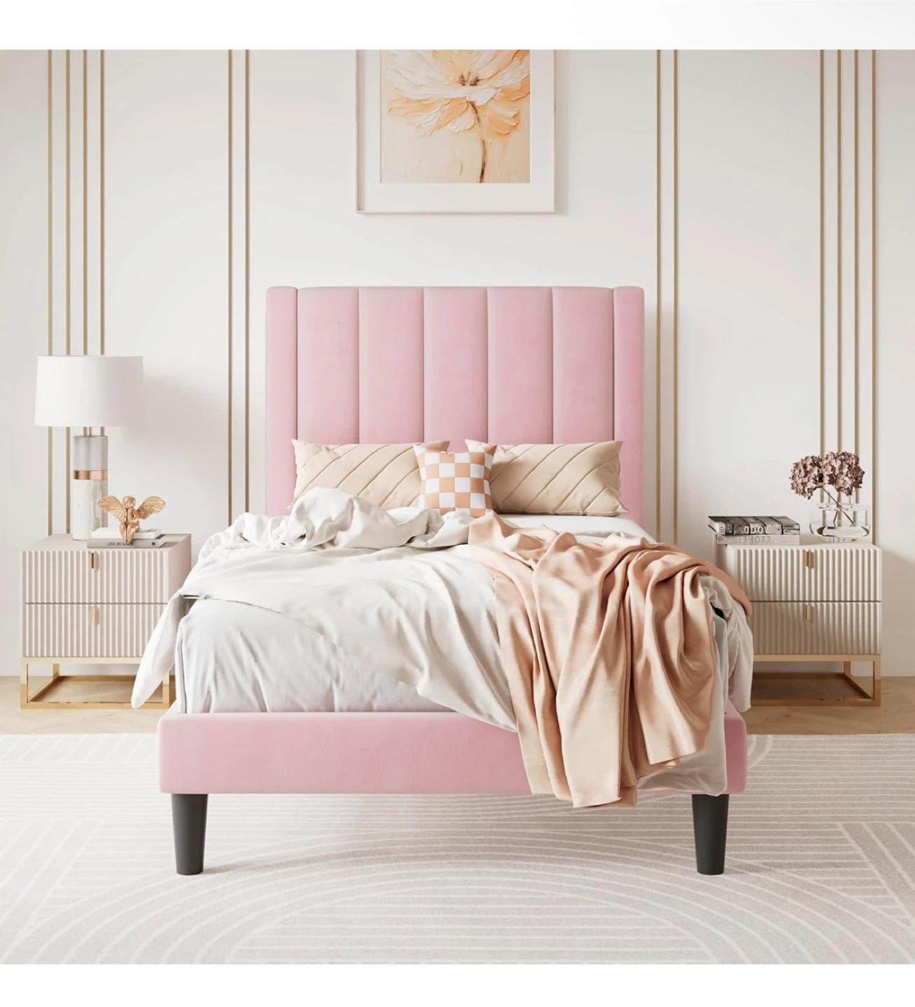 Pink Velvet Platform Bed Frame with Extra Wide Backrest