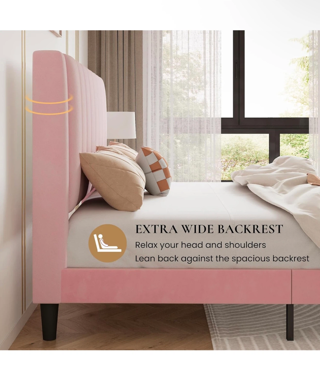 Pink Velvet Platform Bed Frame with Extra Wide Backrest - photo 4