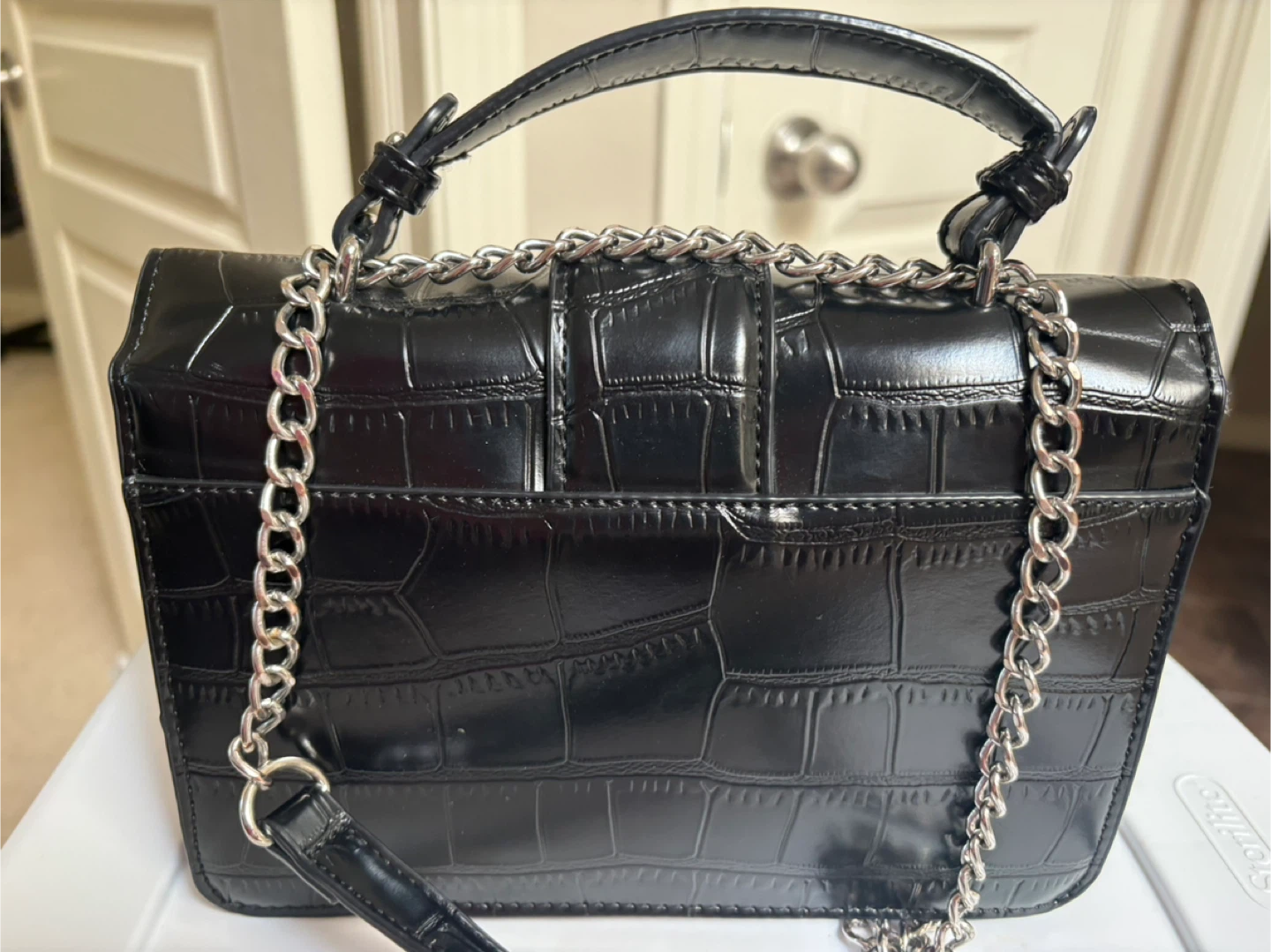 Black Croc-Embossed Shoulder Bag with Chain Strap - photo 2