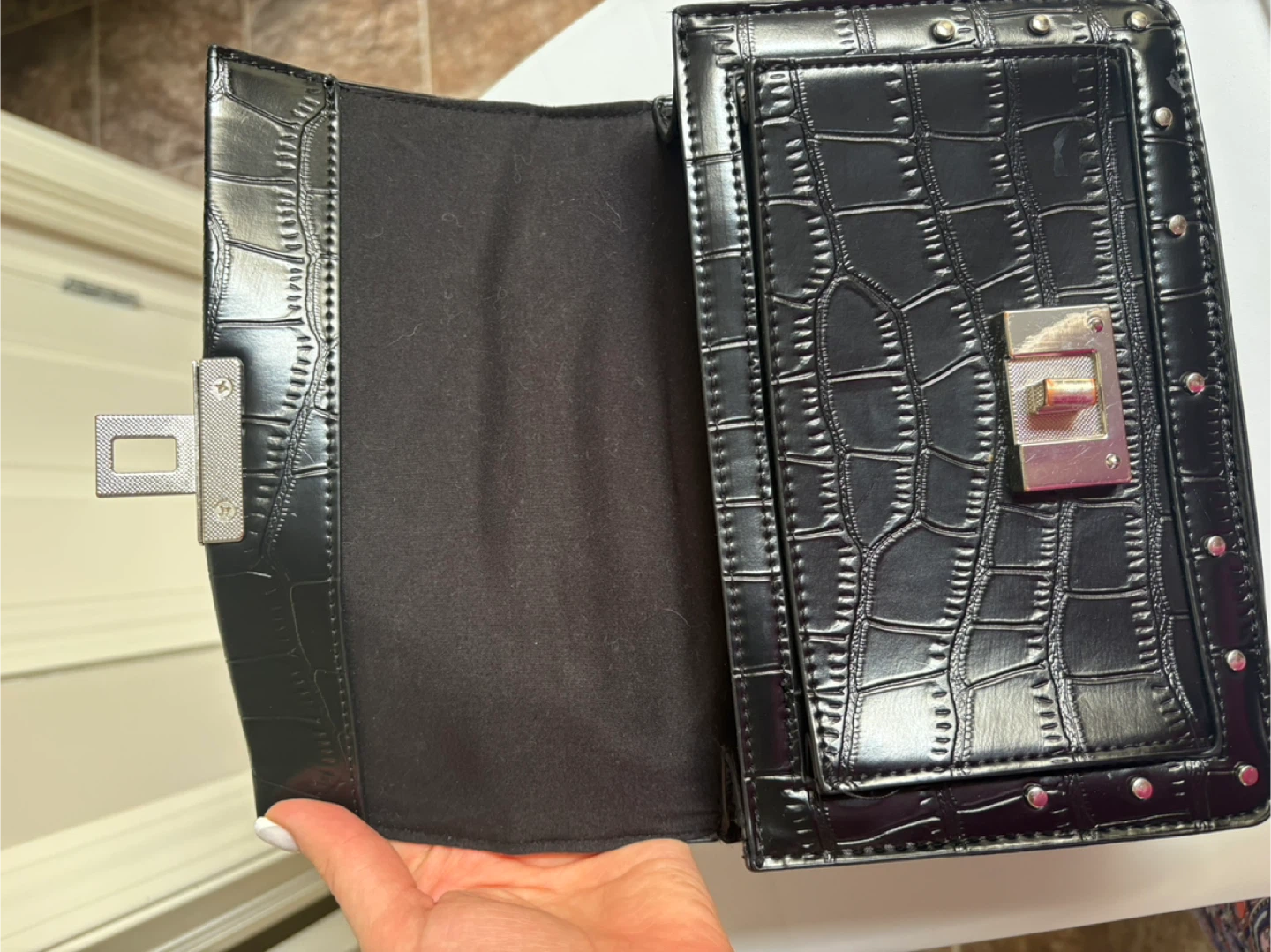 Black Croc-Embossed Shoulder Bag with Chain Strap - photo 3