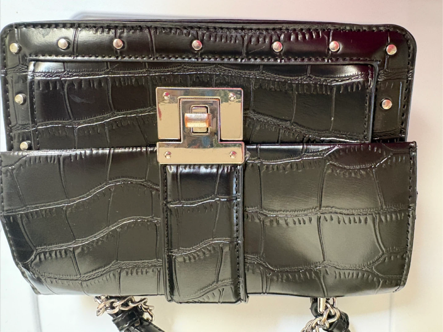 Black Croc-Embossed Shoulder Bag with Chain Strap