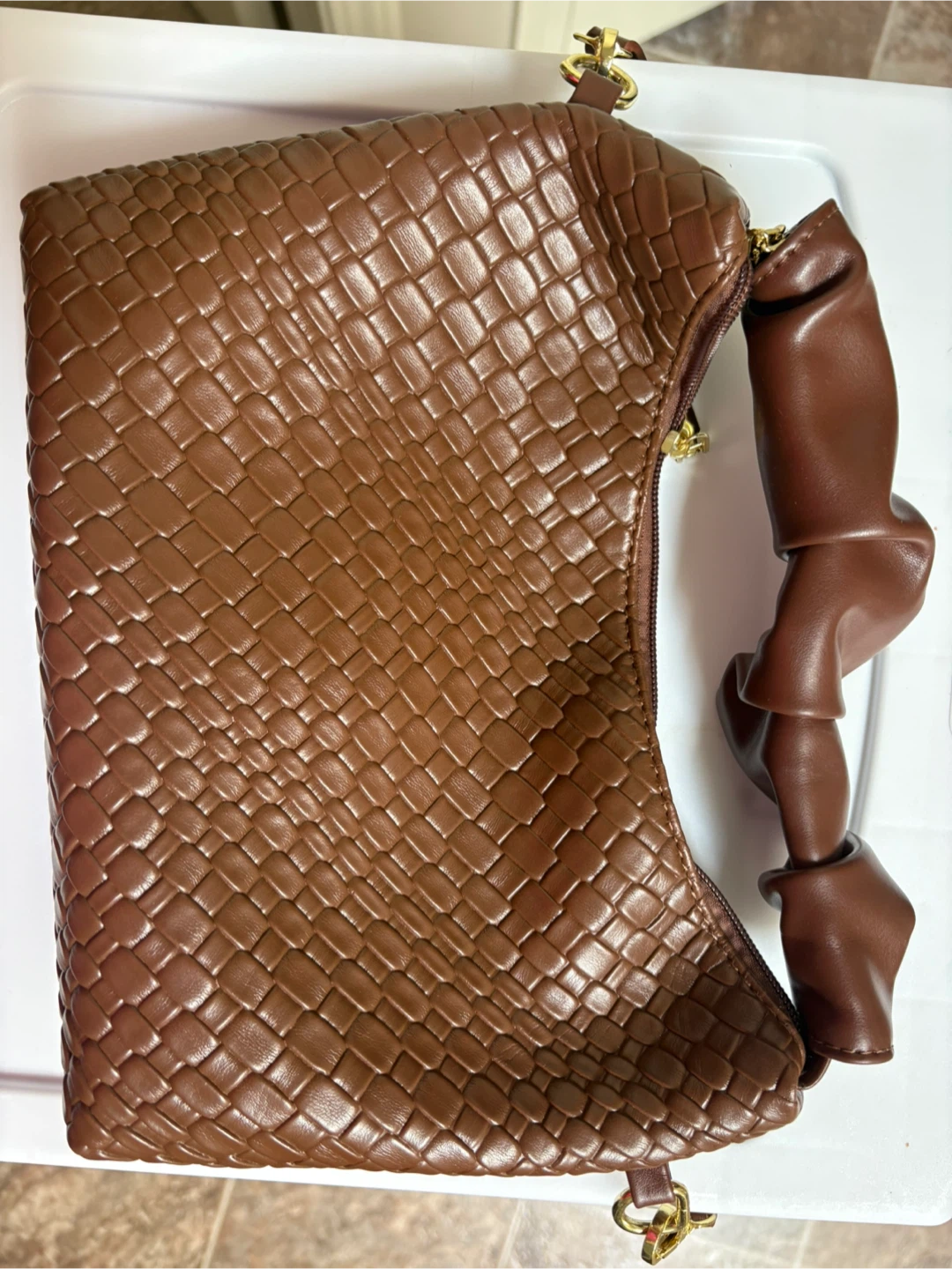 Brown Woven Faux Leather Shoulder Bag
