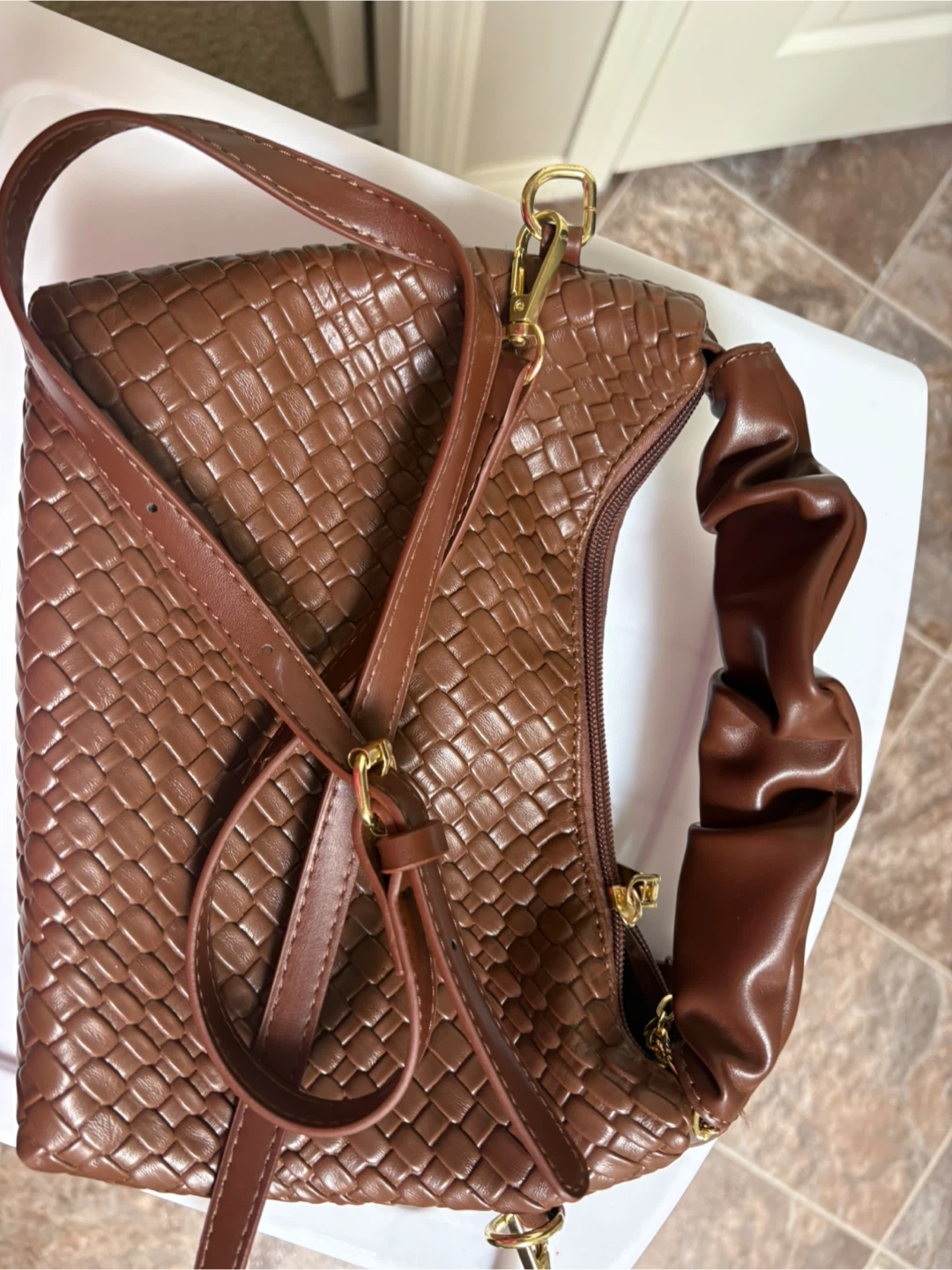 Brown Woven Faux Leather Shoulder Bag - photo 2