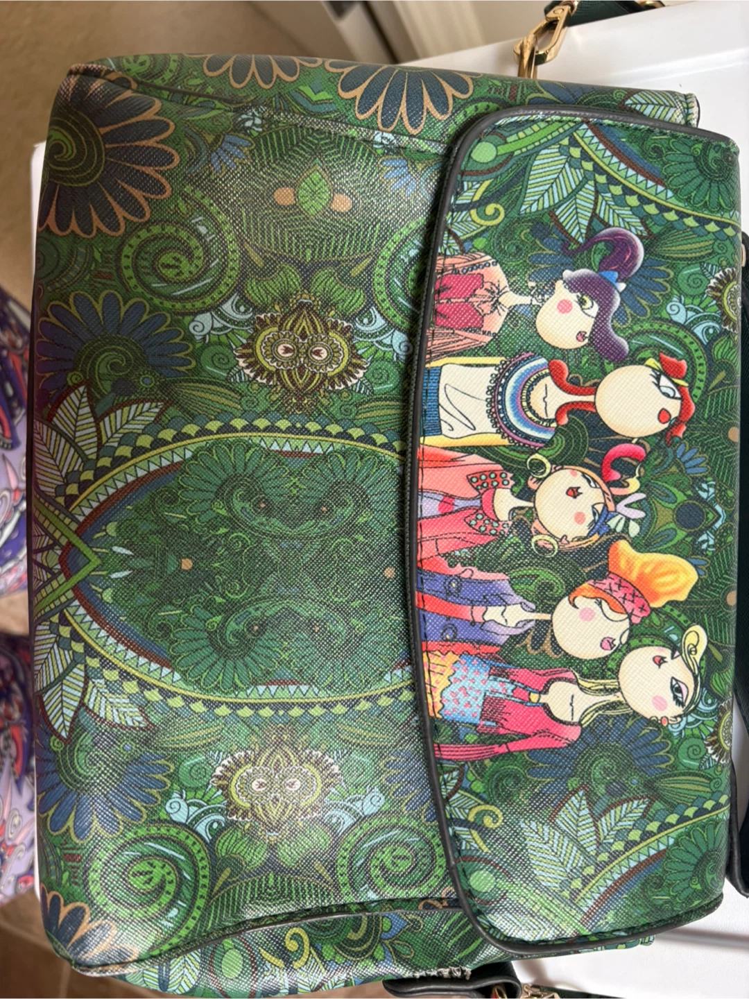 Green Artful Faces Crossbody Handbag