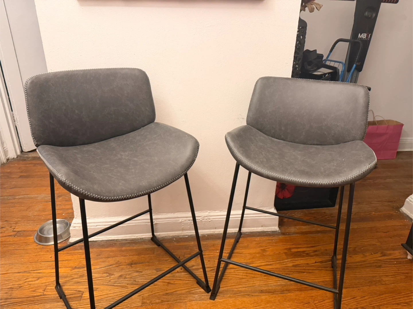 Set of 2 Gray Faux Leather Bar Stools