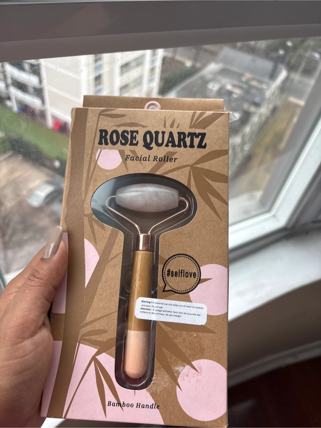 Rose Quartz Facial Roller with Bamboo Handle