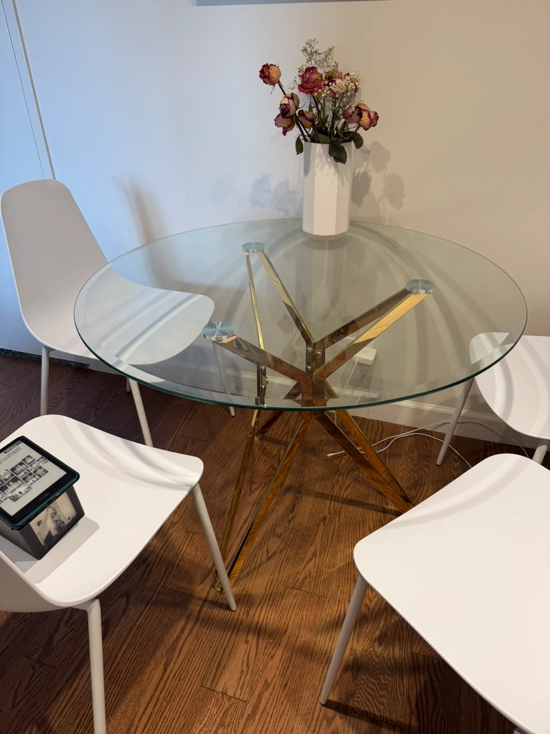 Glass Top Dining Table with Gold Starburst Base