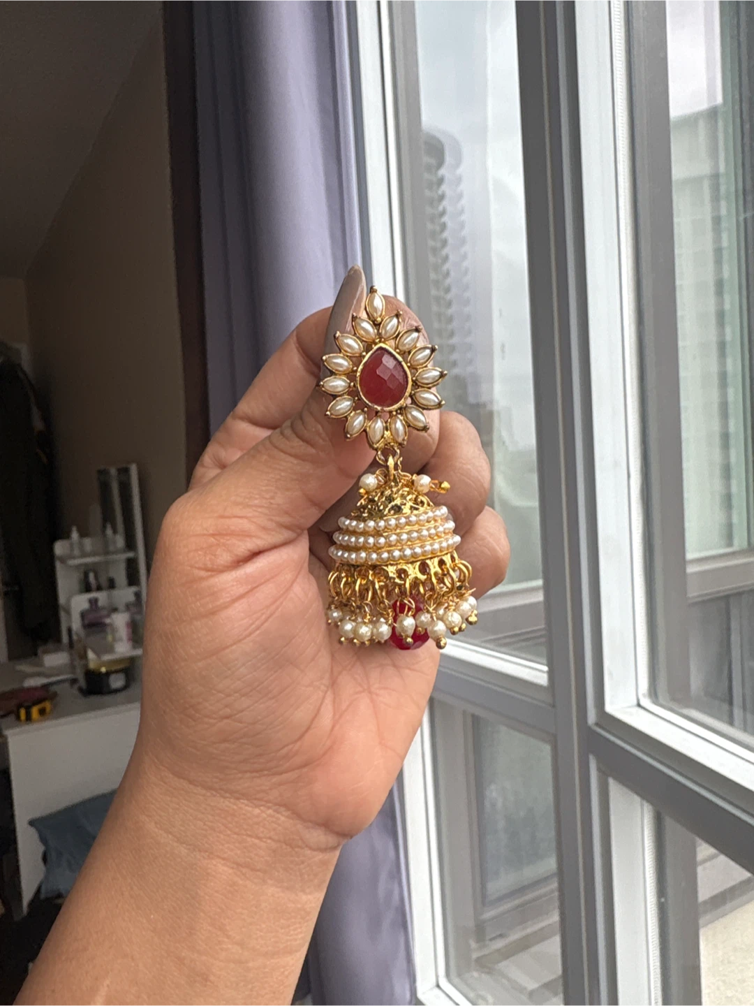 Gold Tone vintage Jhumka Earrings with Red and Pearl Accents - photo 2