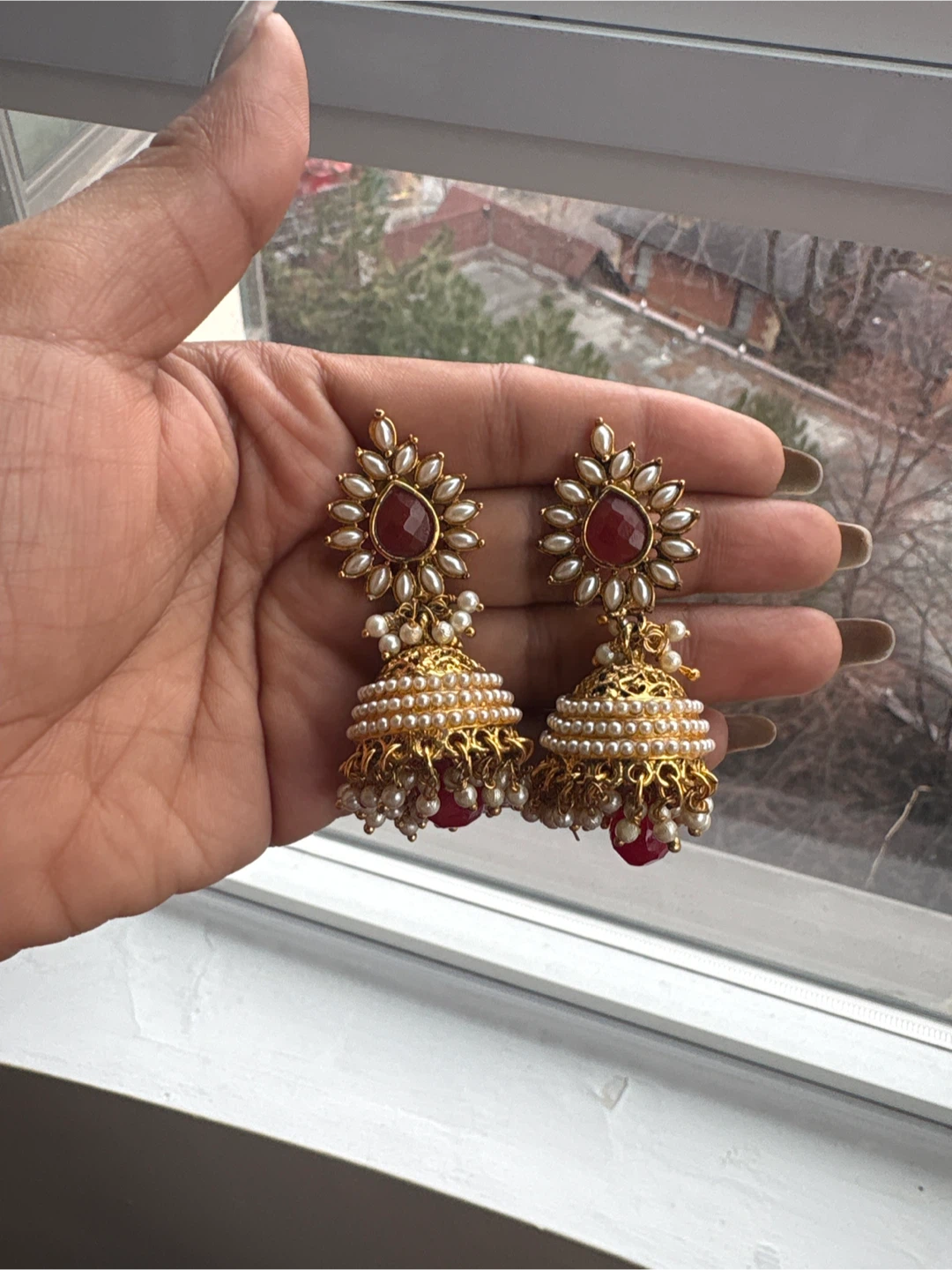 Gold Tone vintage Jhumka Earrings with Red and Pearl Accents