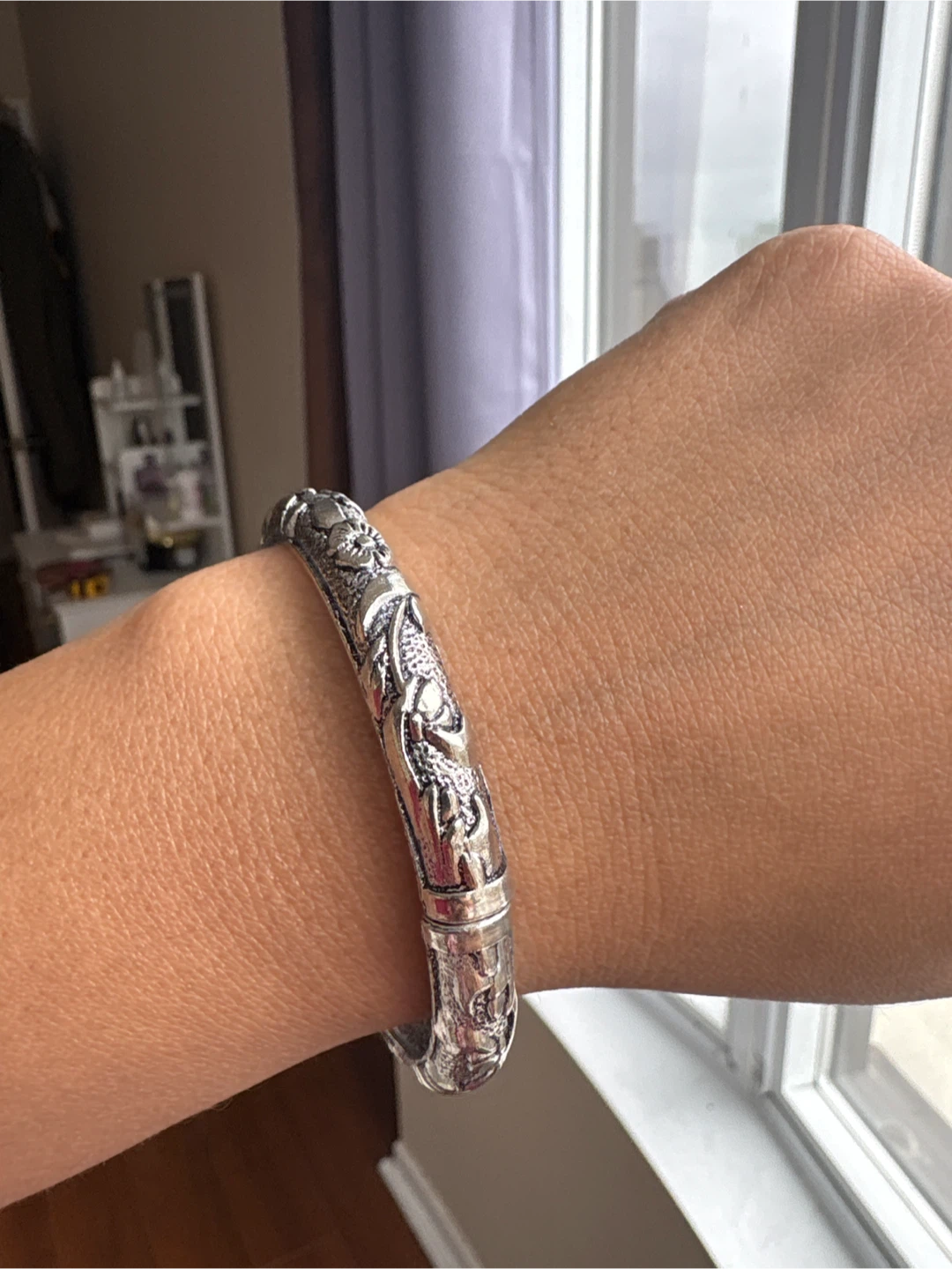 Ornate Silver-Tone Bangle Bracelet