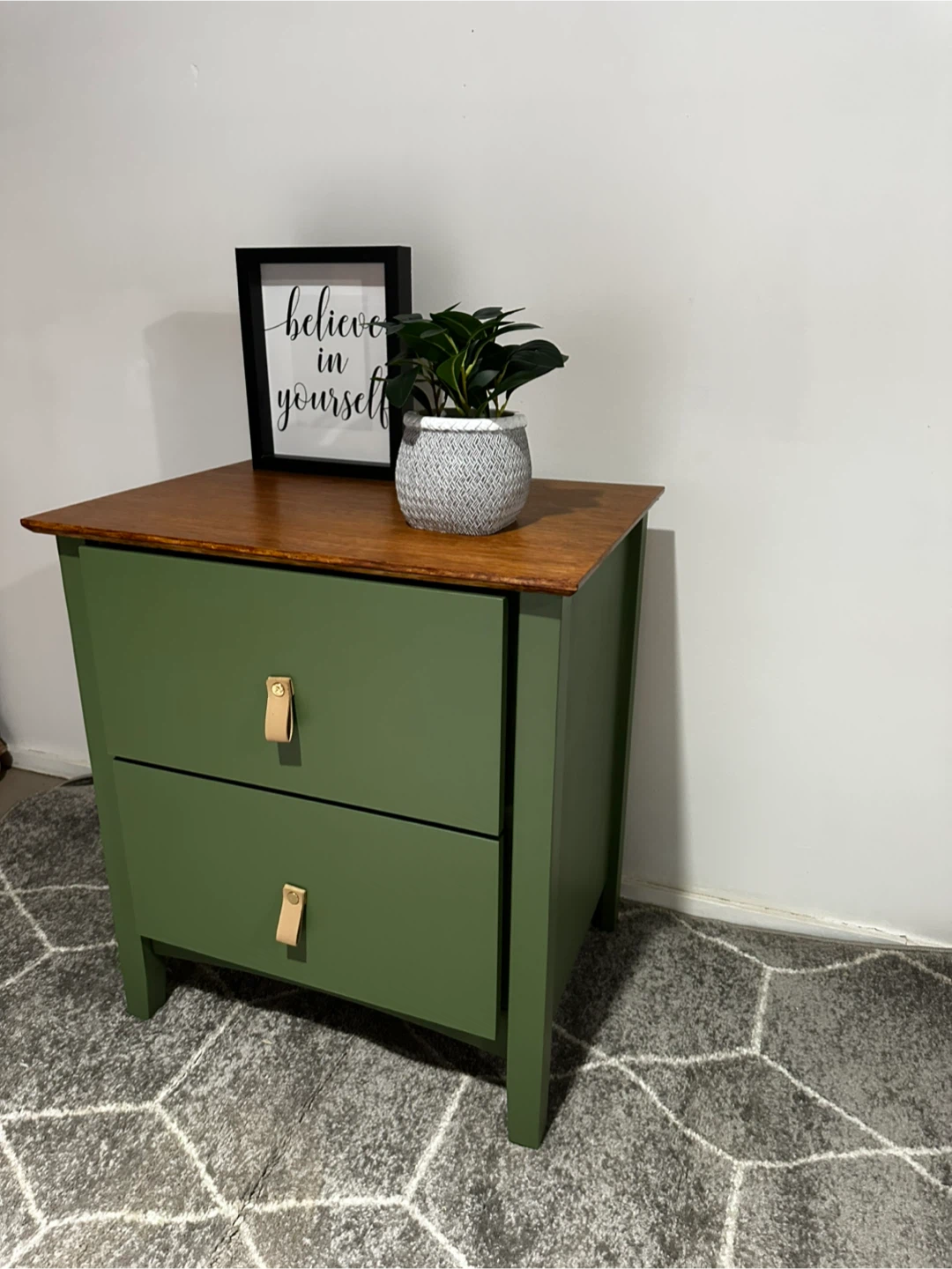Green Two-Drawer Nightstand with Wood Top