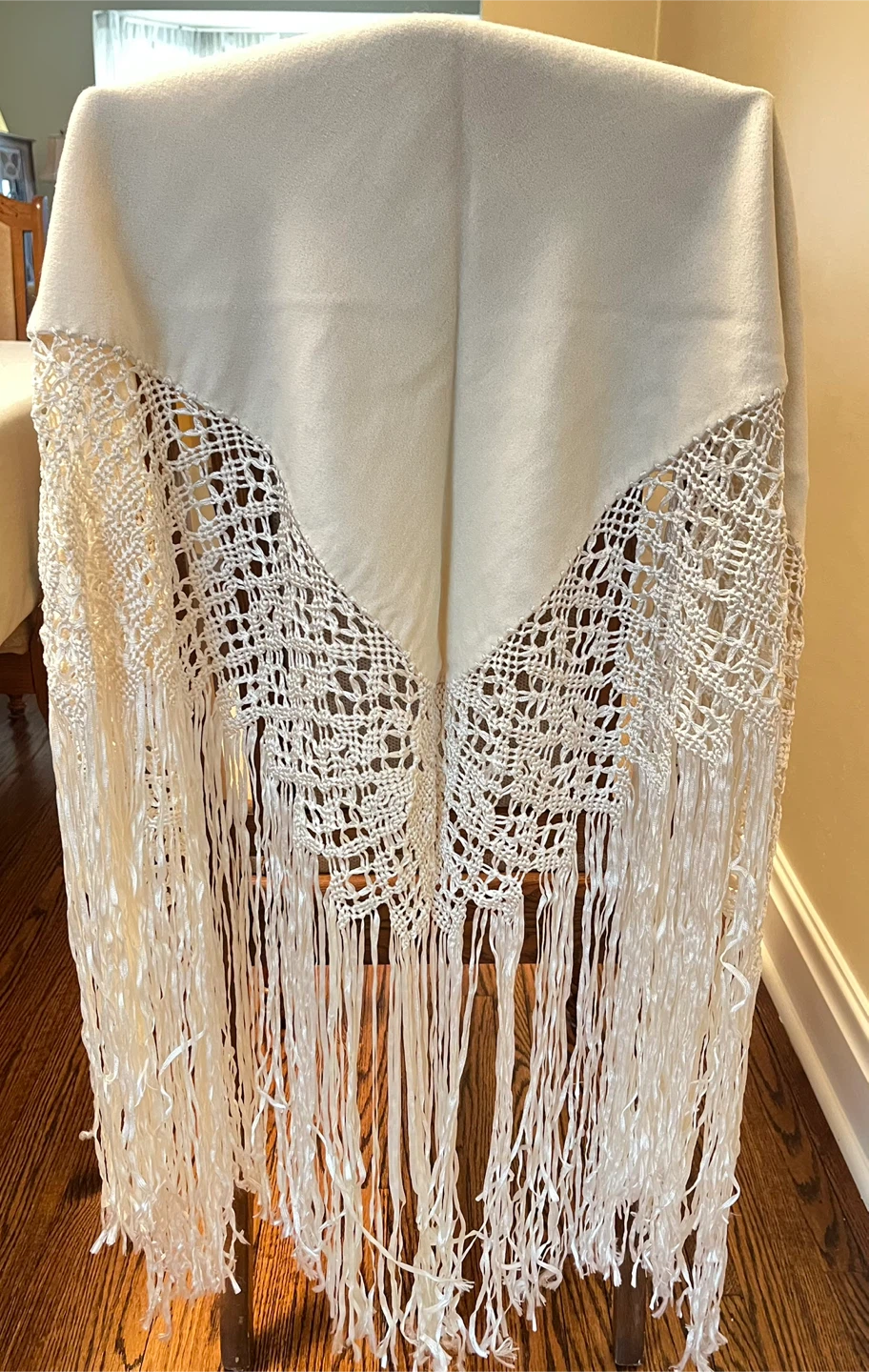 Cream Wool Shawl with Crochet and Fringe