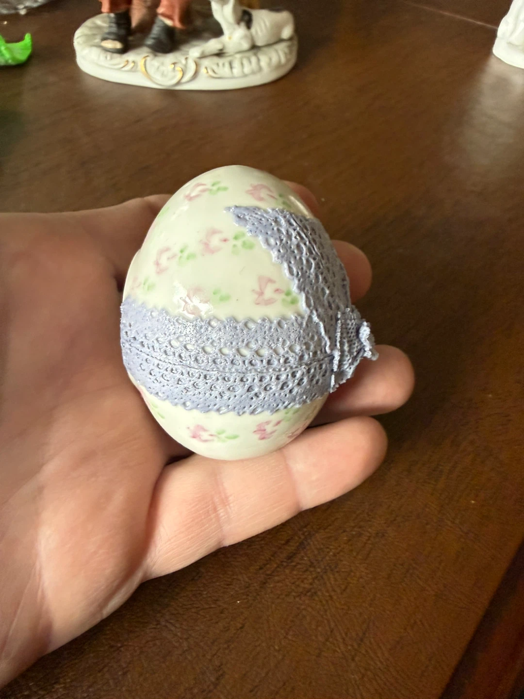Irish Dresden Porcelain Egg with Lace