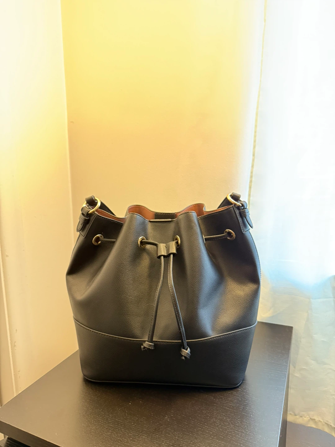 Black Faux Leather Bucket Bag with Pouch
